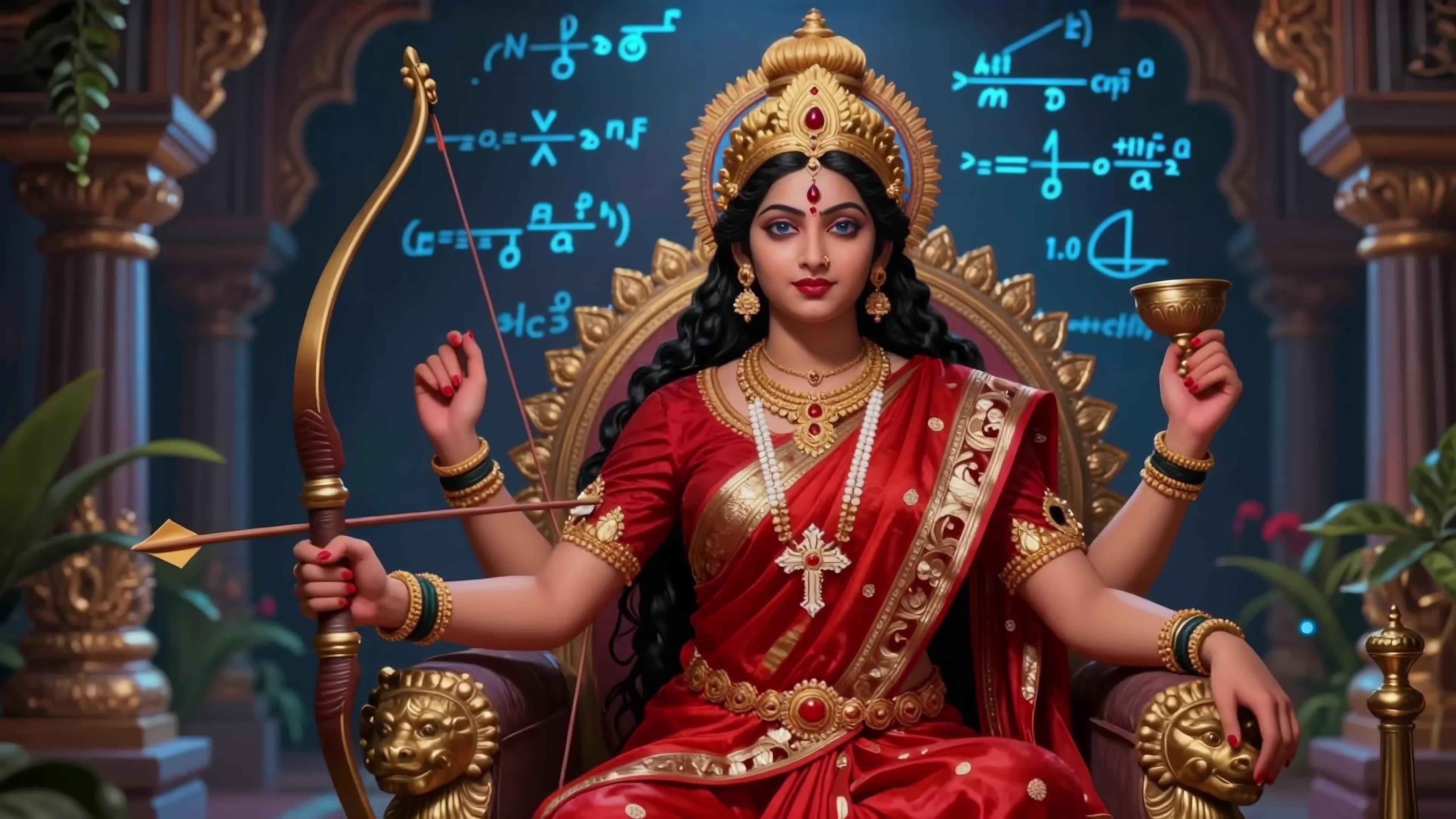 4K video of divine Hindu goddess holding bow and chalice amidst floating math formulas in opulent royal setting