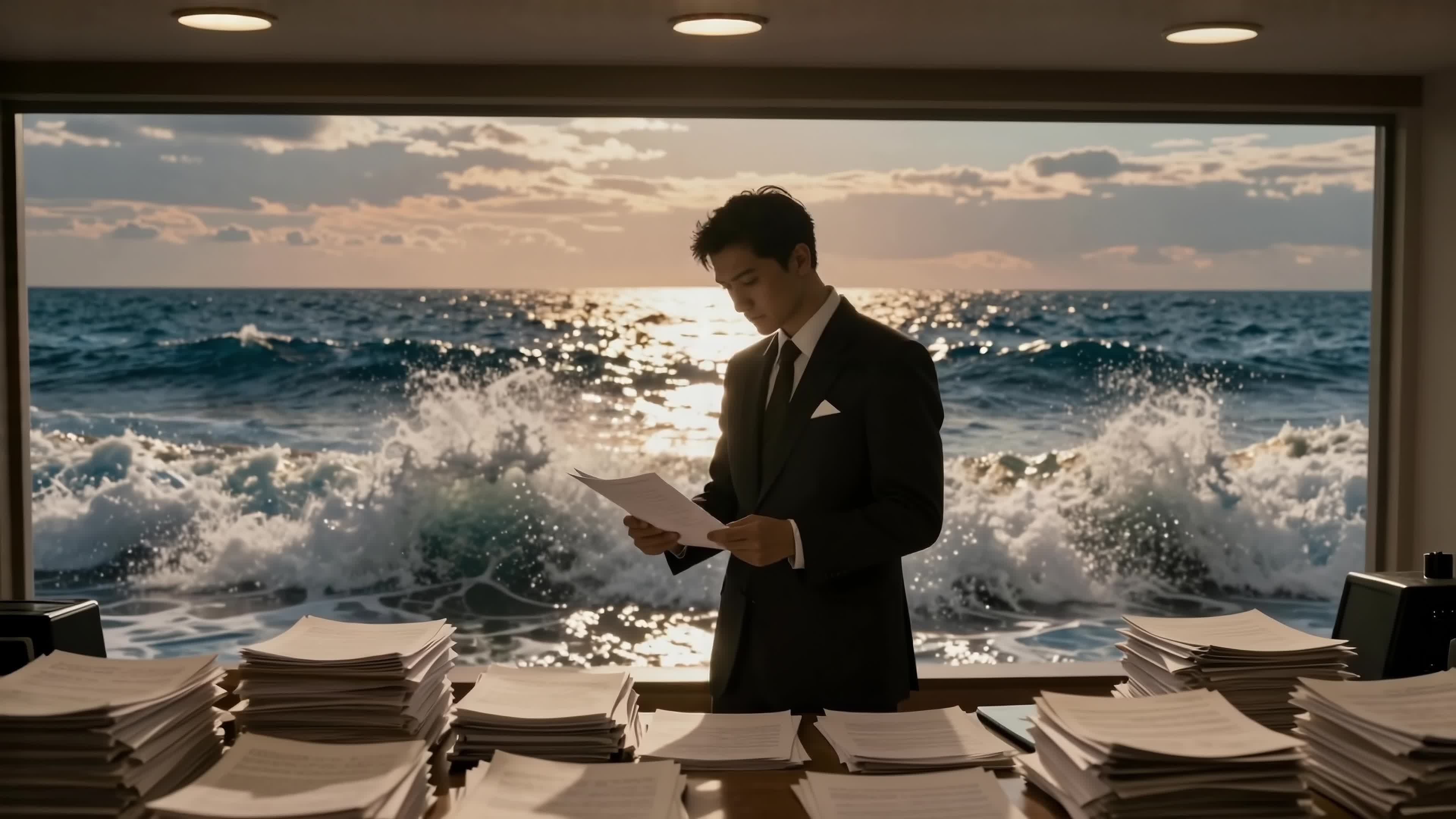 Businessman reviewing files inside luxurious yacht cabin overlooking turbulent ocean during stunning sunset with dramatic lighting - 4K video.