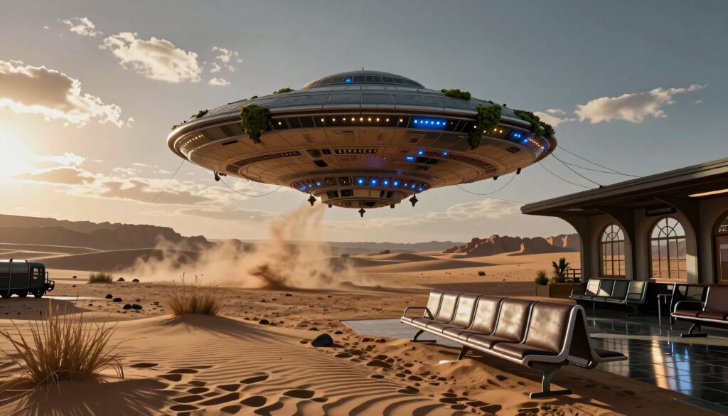 Futuristic UFO Hovering Over Desert Landscape with Modern Building
