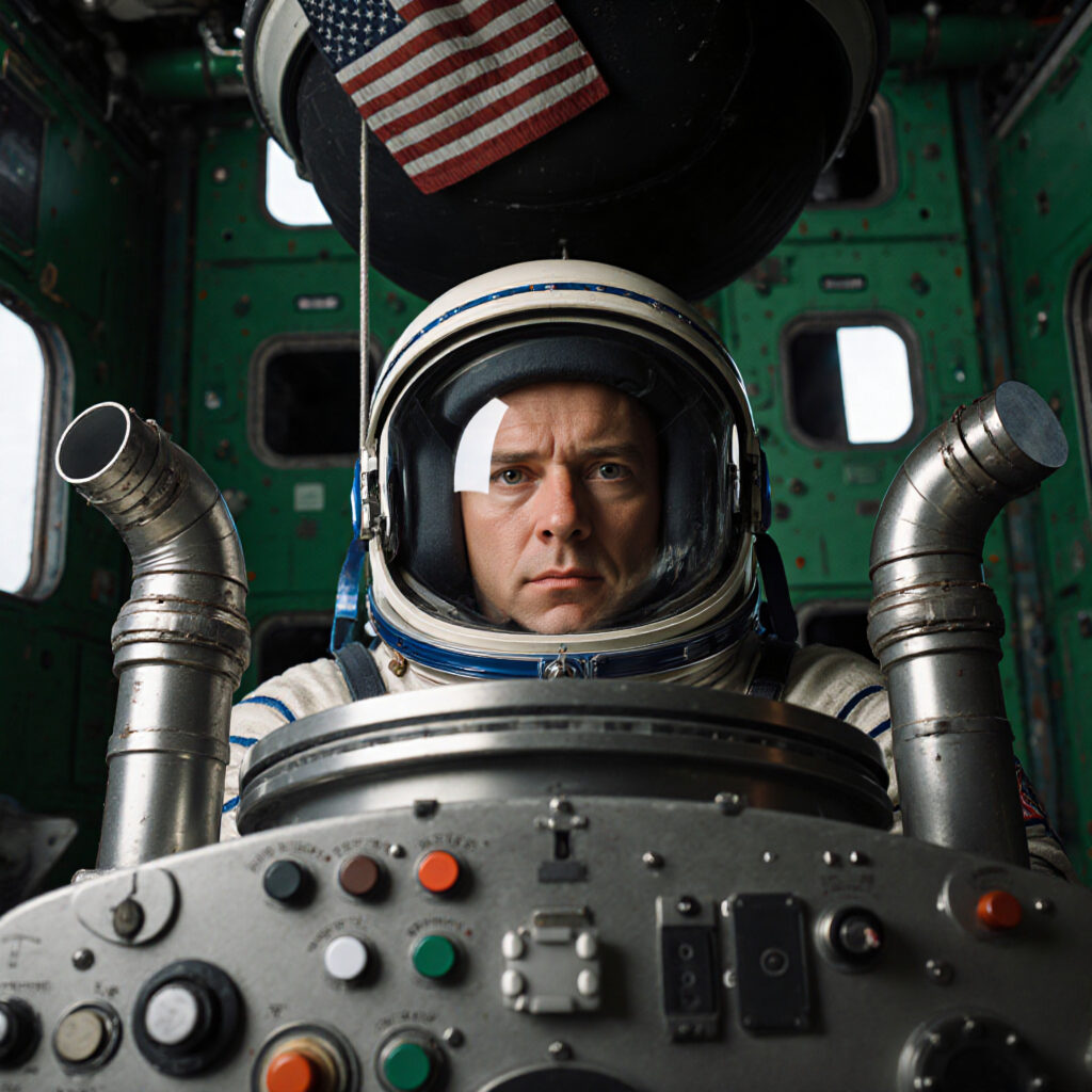 Astronaut in Vintage Spacecraft Interior
