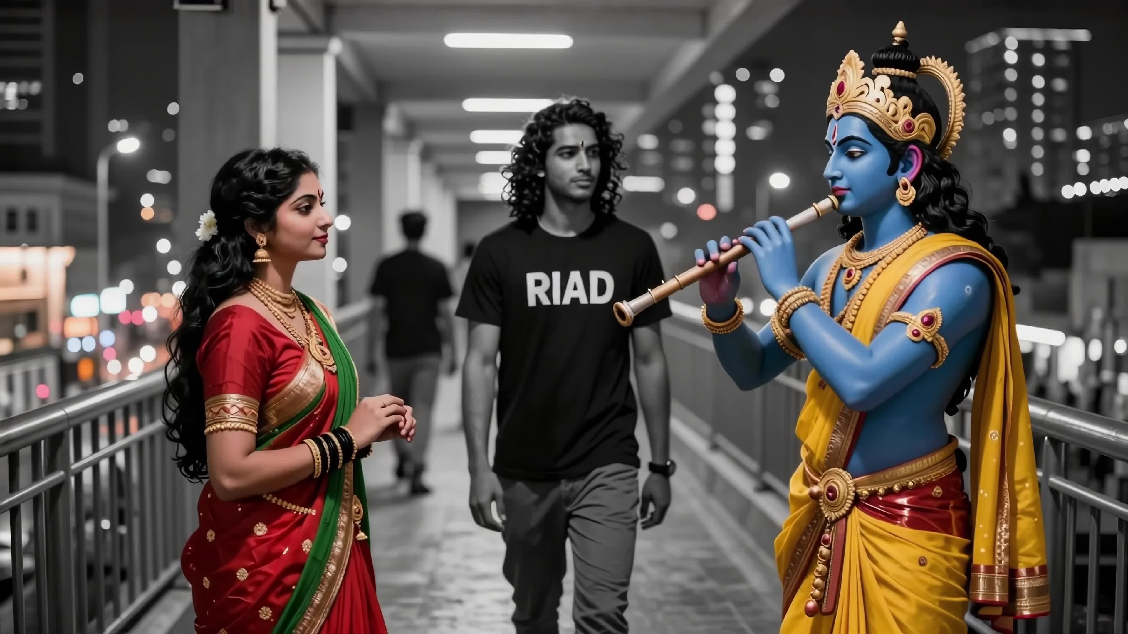 Blue-skinned deity walks alongside traditional Indian woman on glowing urban bridge night - 4K video.