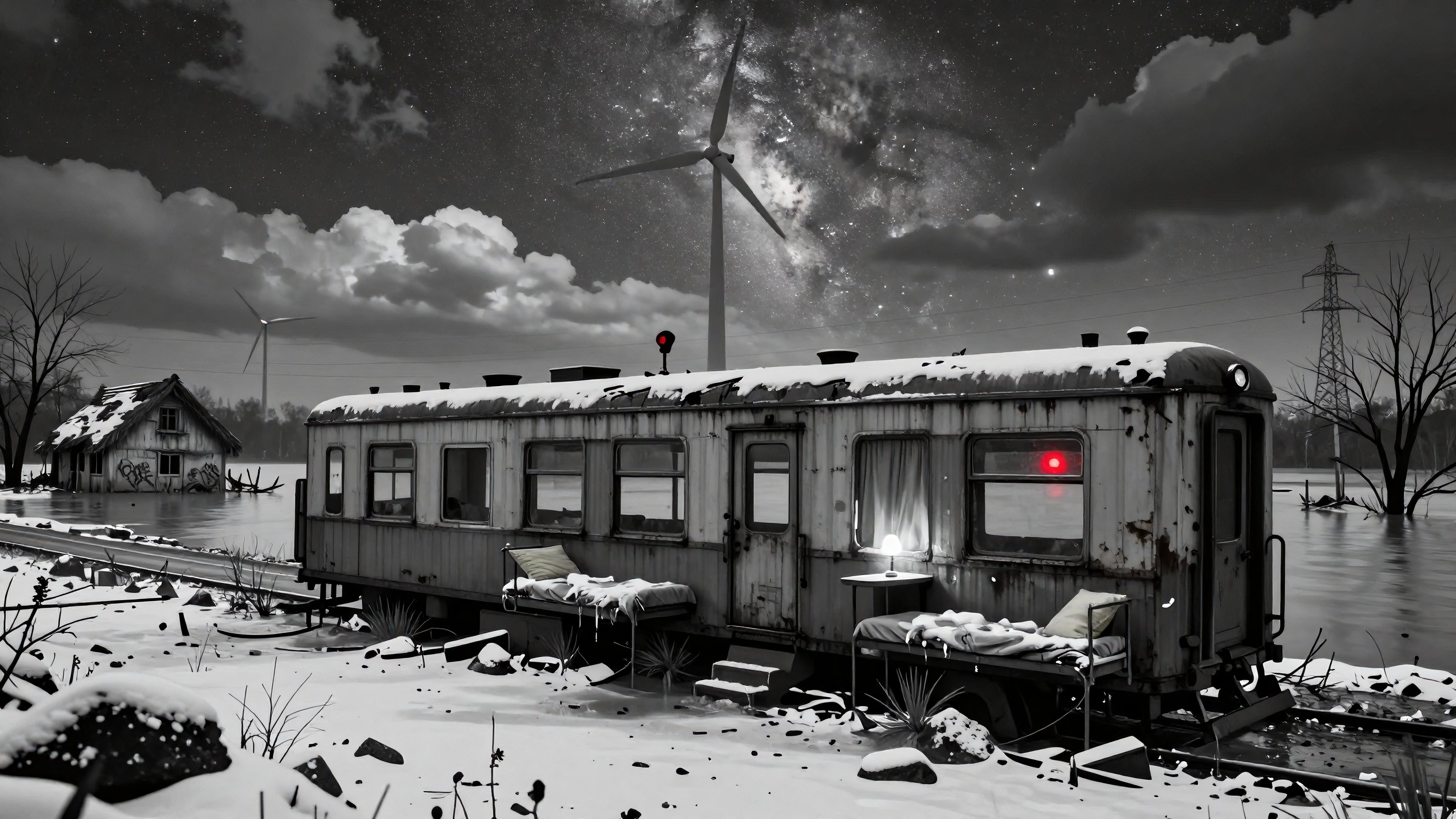Abandoned Train Car in Snowy Flooded Landscape Under Starry Night