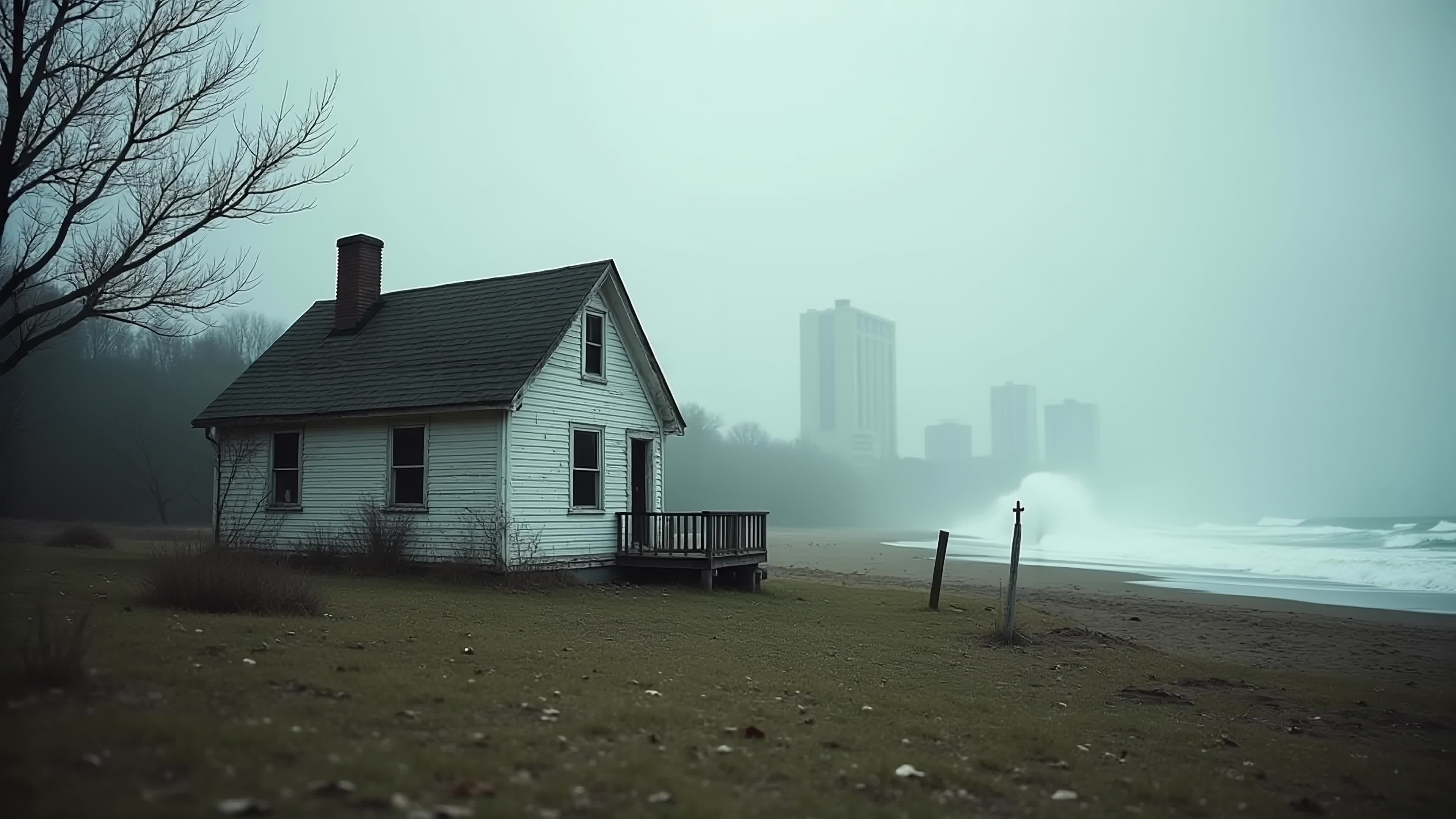 4K video of an abandoned coastal cottage surrounded by fog, crashing waves, and distant skyscrapers evoking nostalgia and mystery.