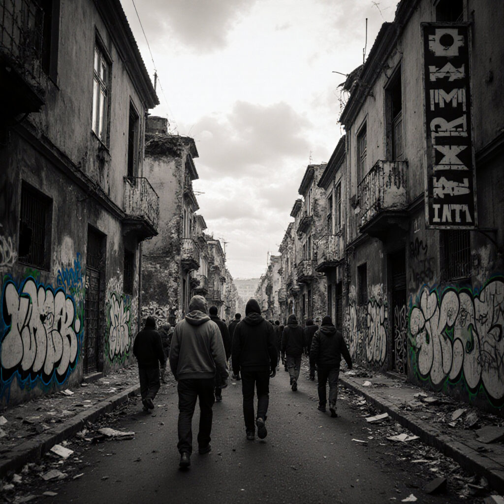 Group of people walking down a narrow, graffiti-covered urban street in overcast daylight
