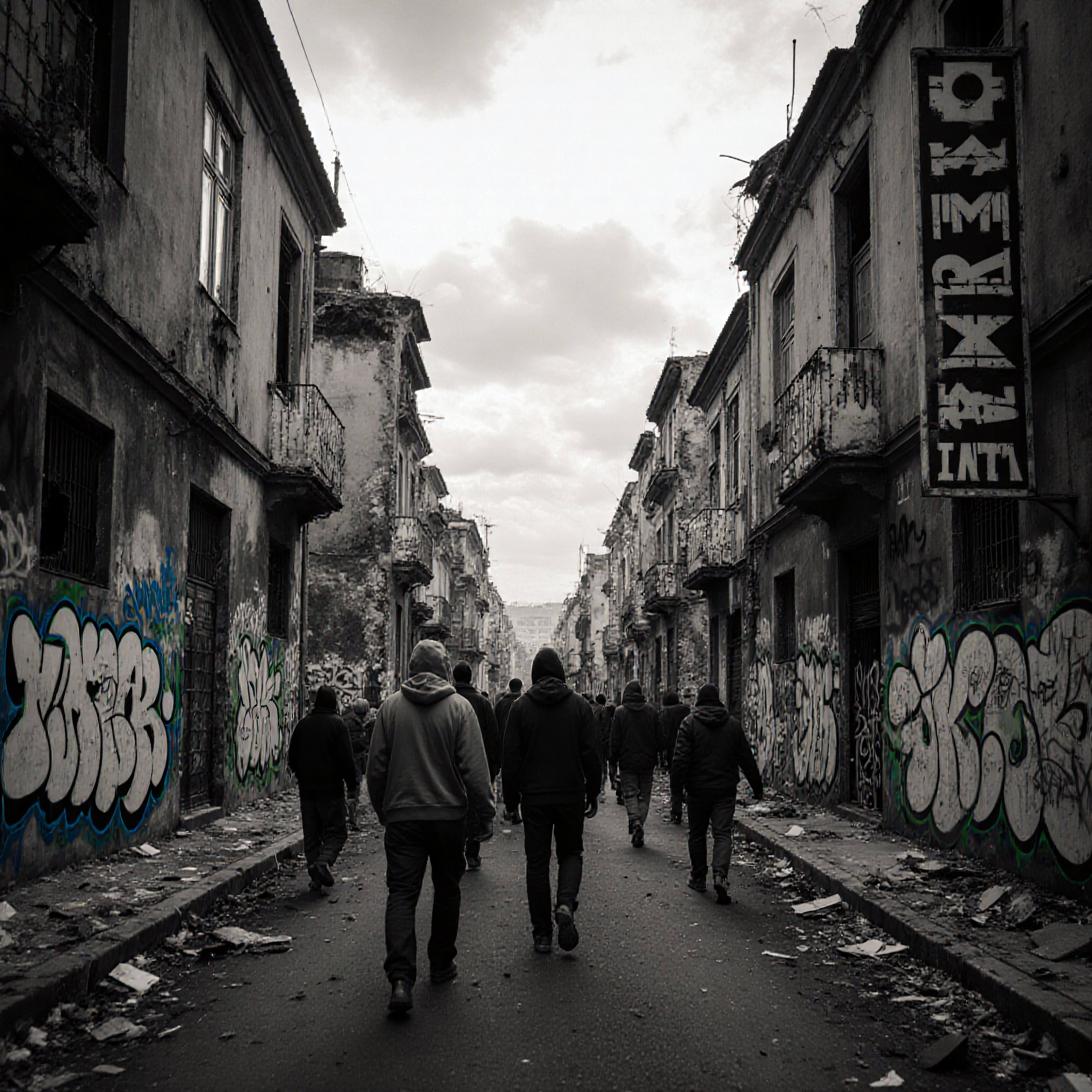 Group of people walking down a narrow, graffiti-covered urban street in overcast daylight