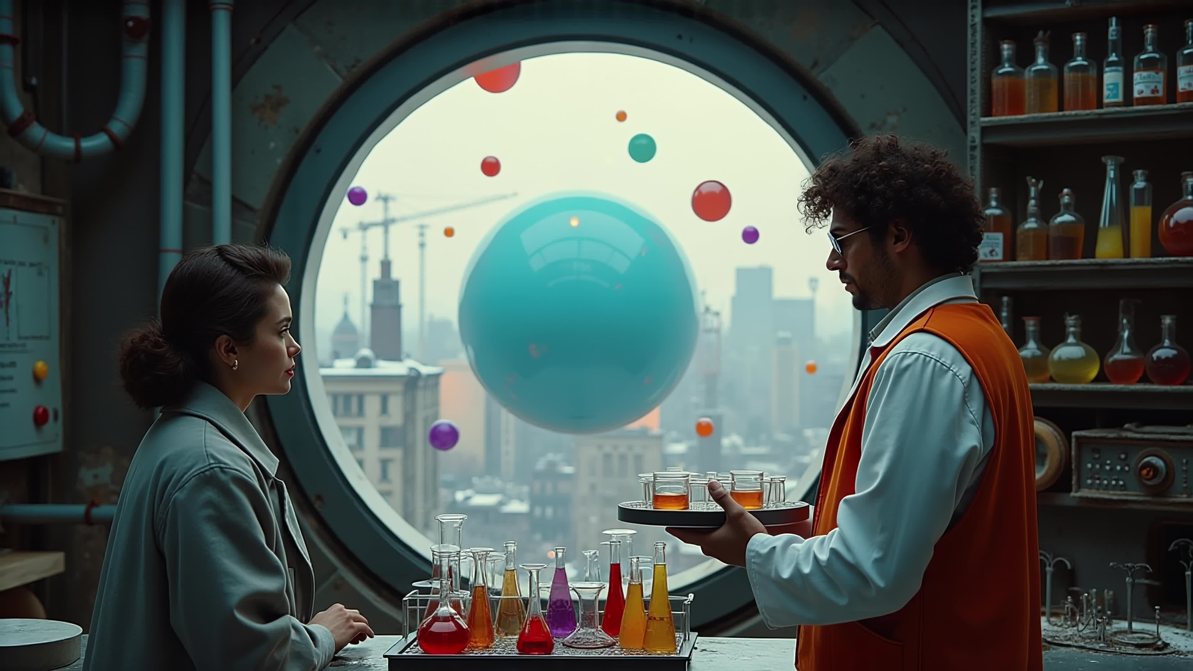 Scientists pour cosmic drinks amid floating planets inside a high-tech lab overlooking a futuristic city - 4K video.