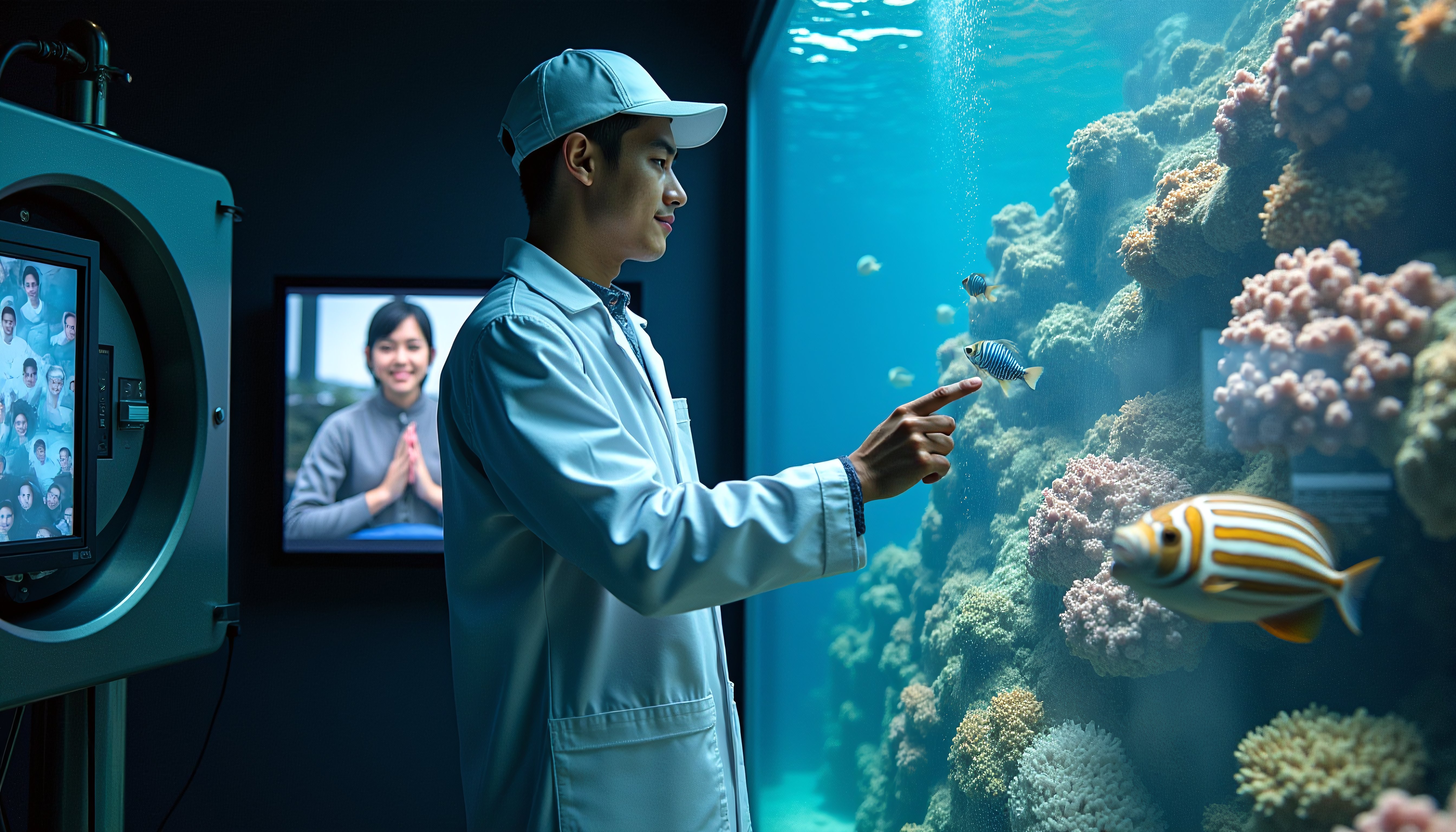 Scientist observing marine life in an aquarium with virtual collaboration display