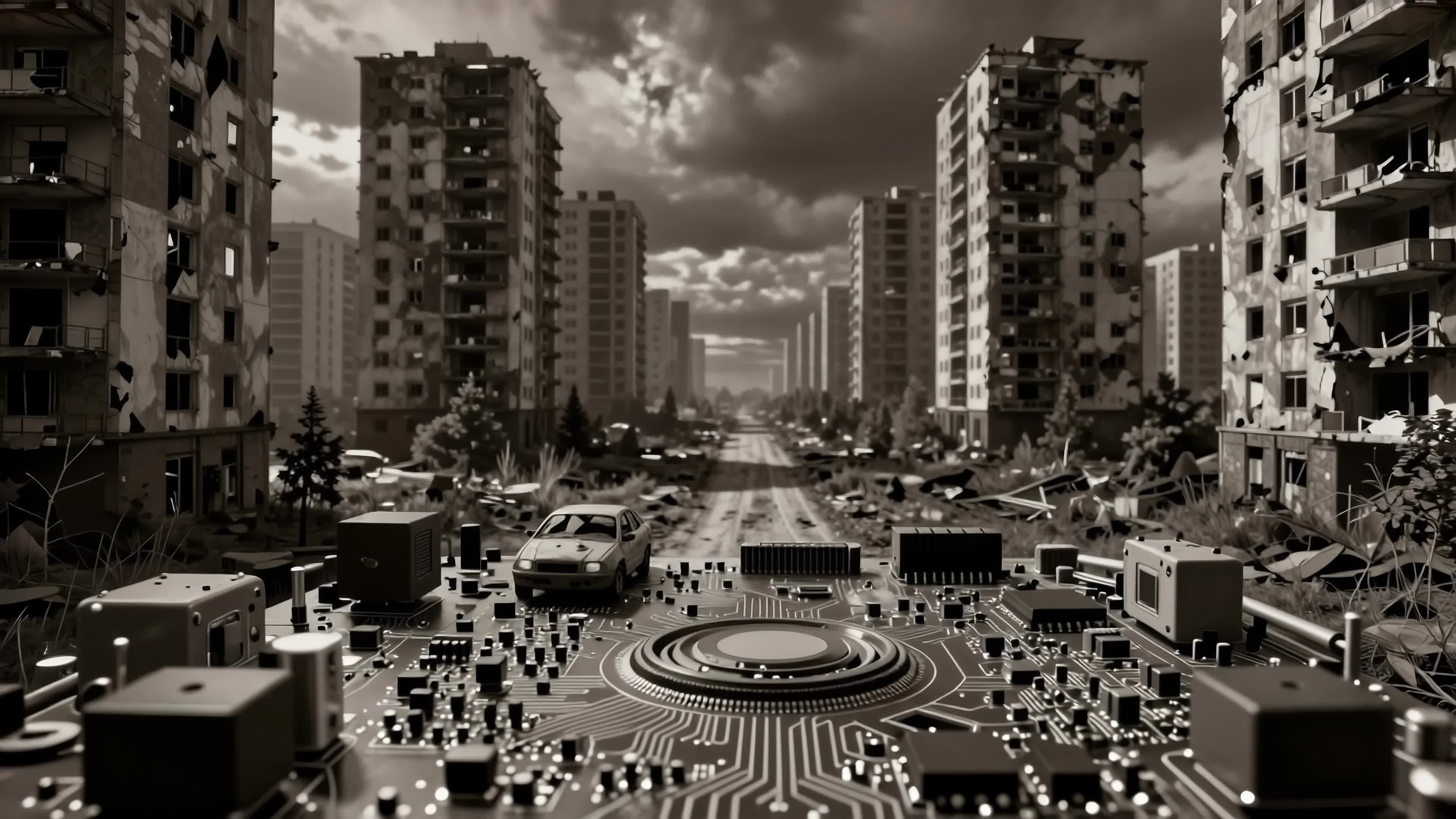 4K video an abandoned high-rise city merges with circuitry landscape under ominous sky – cinematic apocalypse concept art.