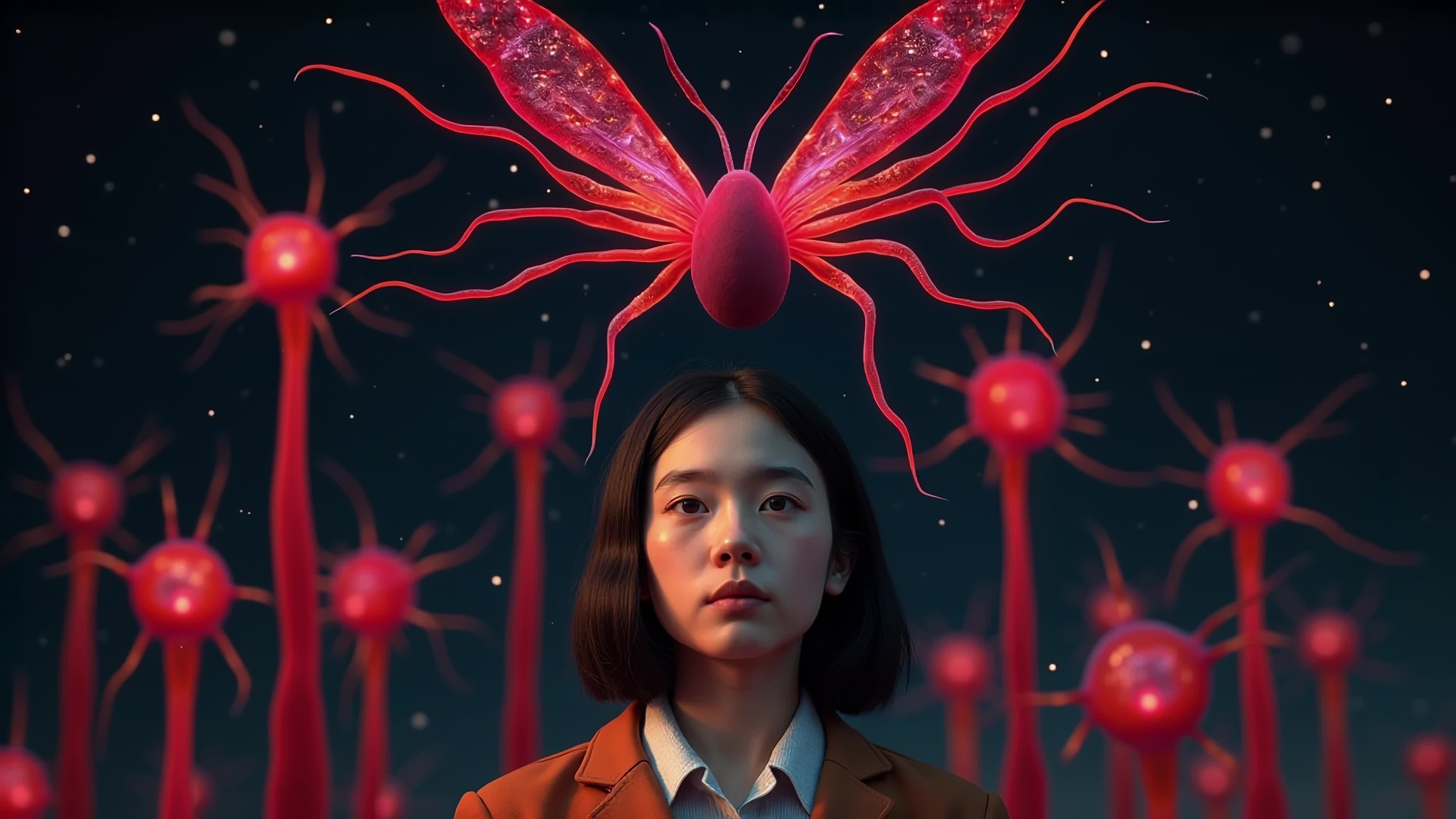 Young girl staring up at giant cosmic red moth amidst glowing alien flora under starry night sky - 4K video.