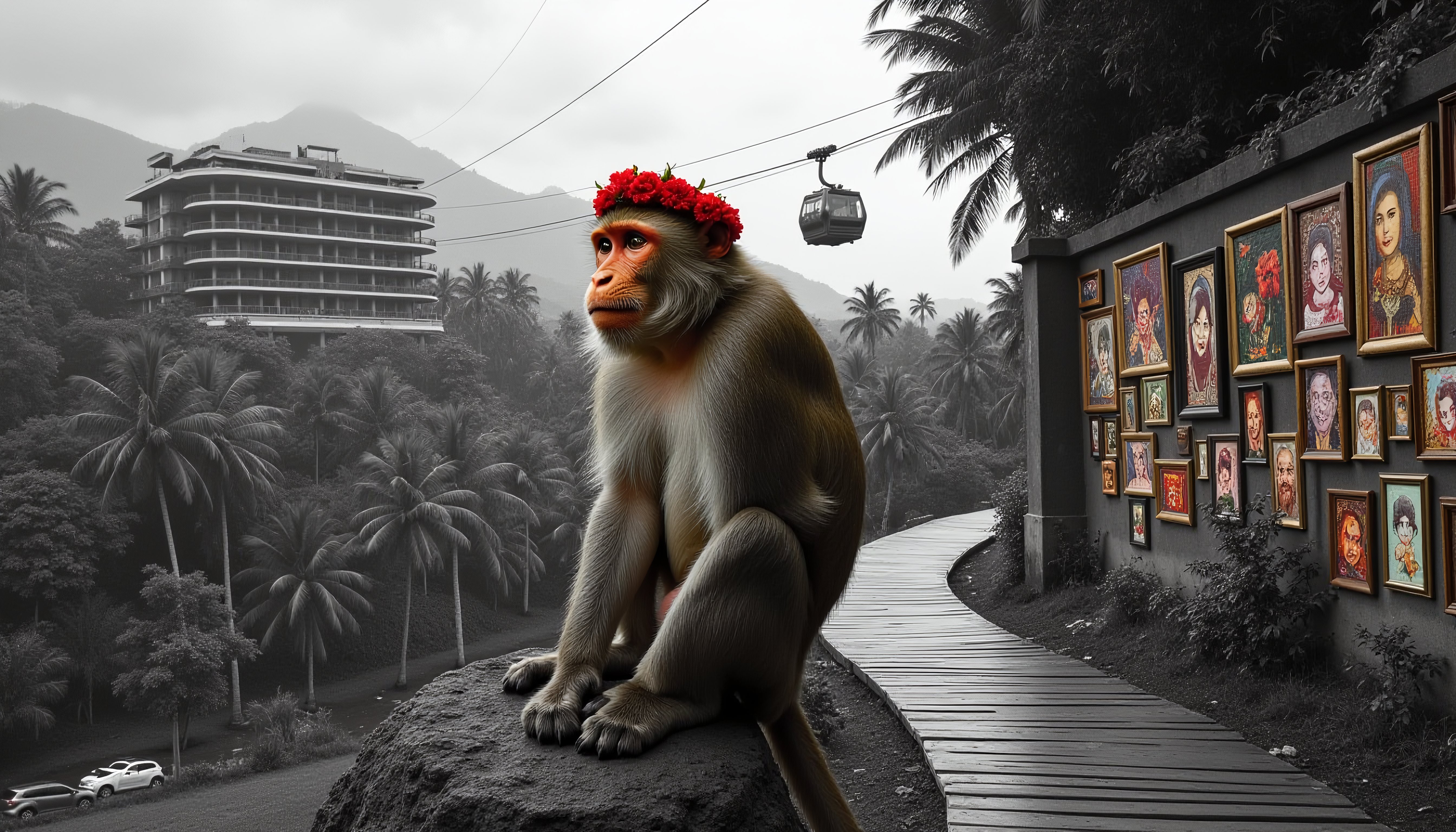Monkey with Red Flower Crown in Tropical Landscape with Art Wall and Cable Car
