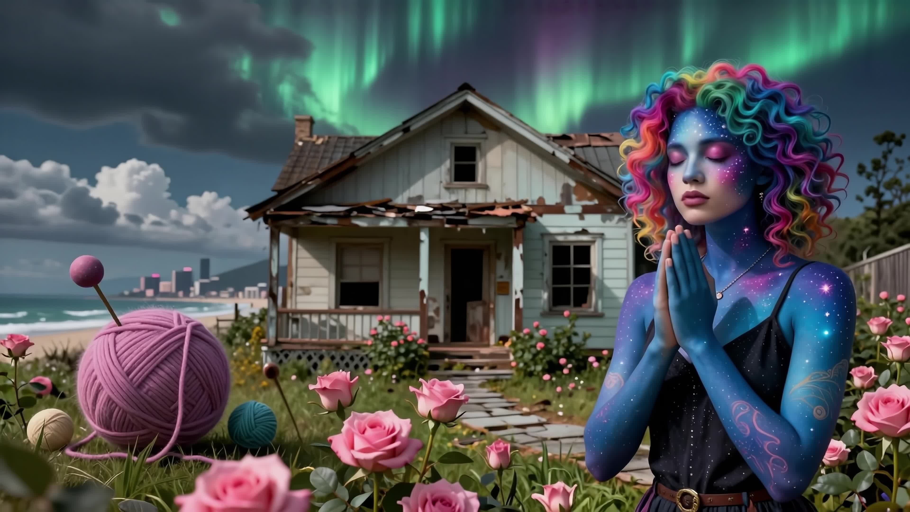 4K video of an ethereal woman with galaxy skin praying among glowing roses under northern lights near old coastal cottage.