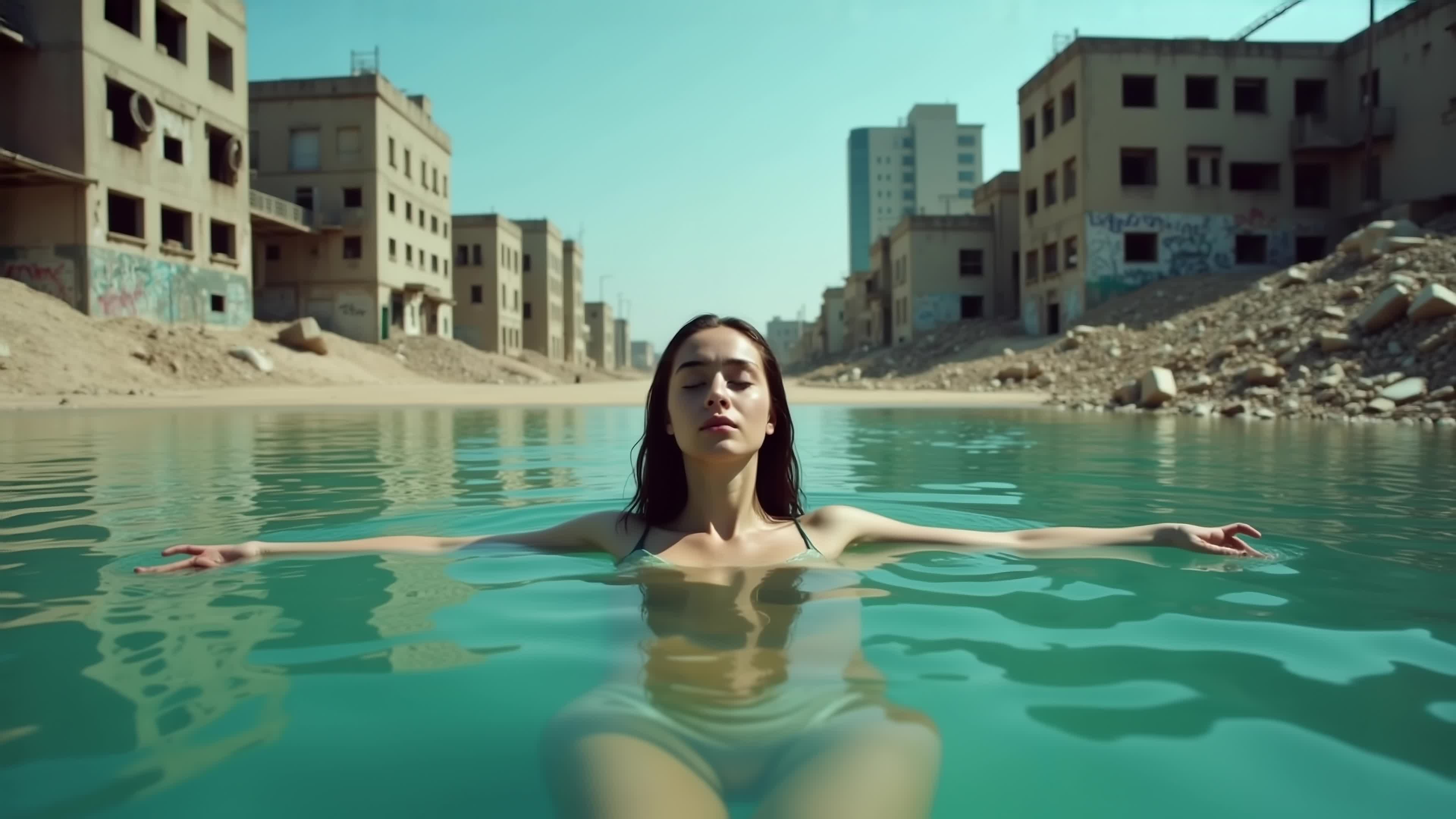 Woman peacefully floating in eerie teal water surrounded by abandoned urban ruins - 4K video.