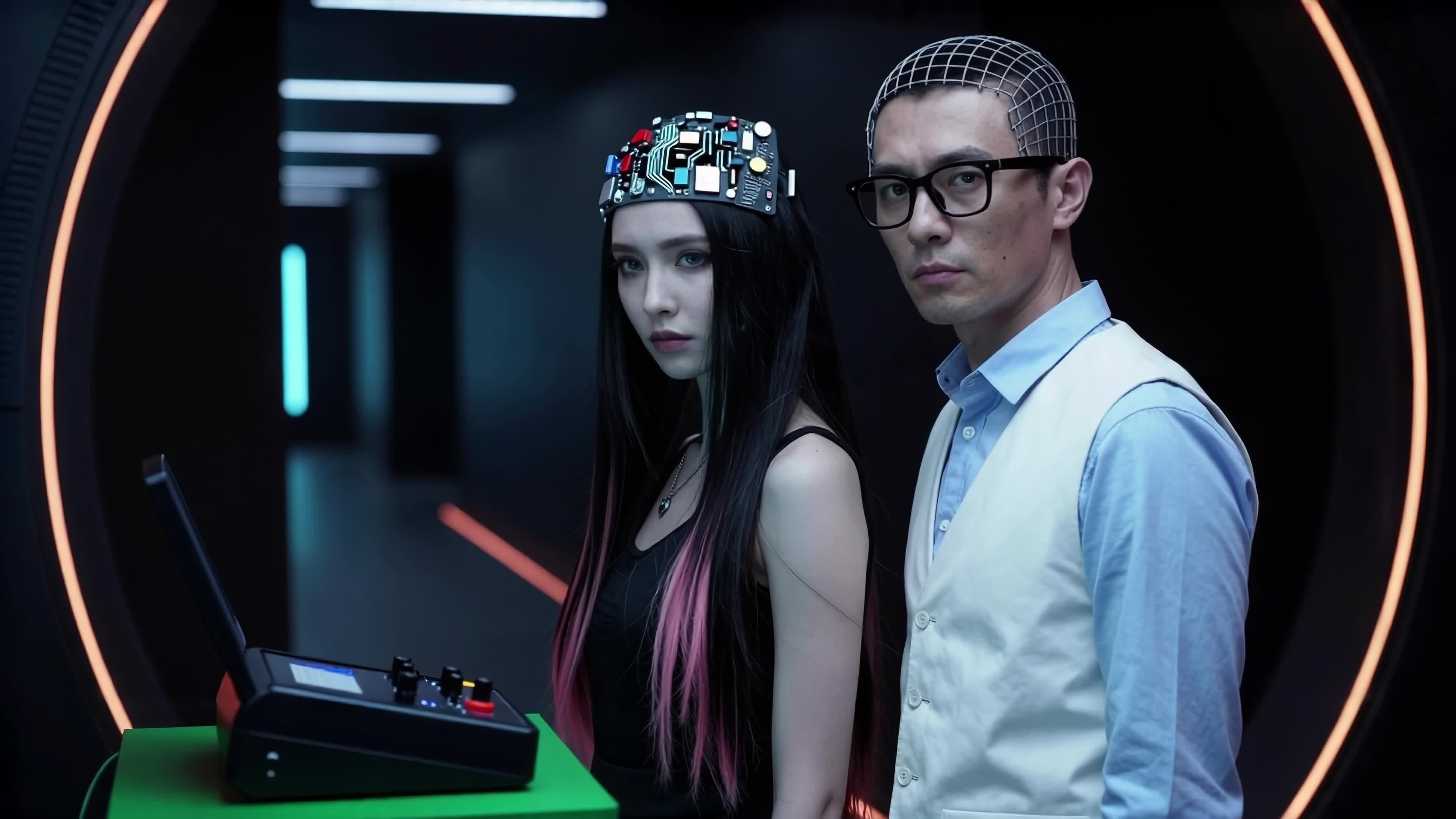 A duo of futurists experimenting inside a neon-lit lab wearing avant-garde neuro-enhancement gear while standing beside a mysterious tech terminal under dramatic lighting.