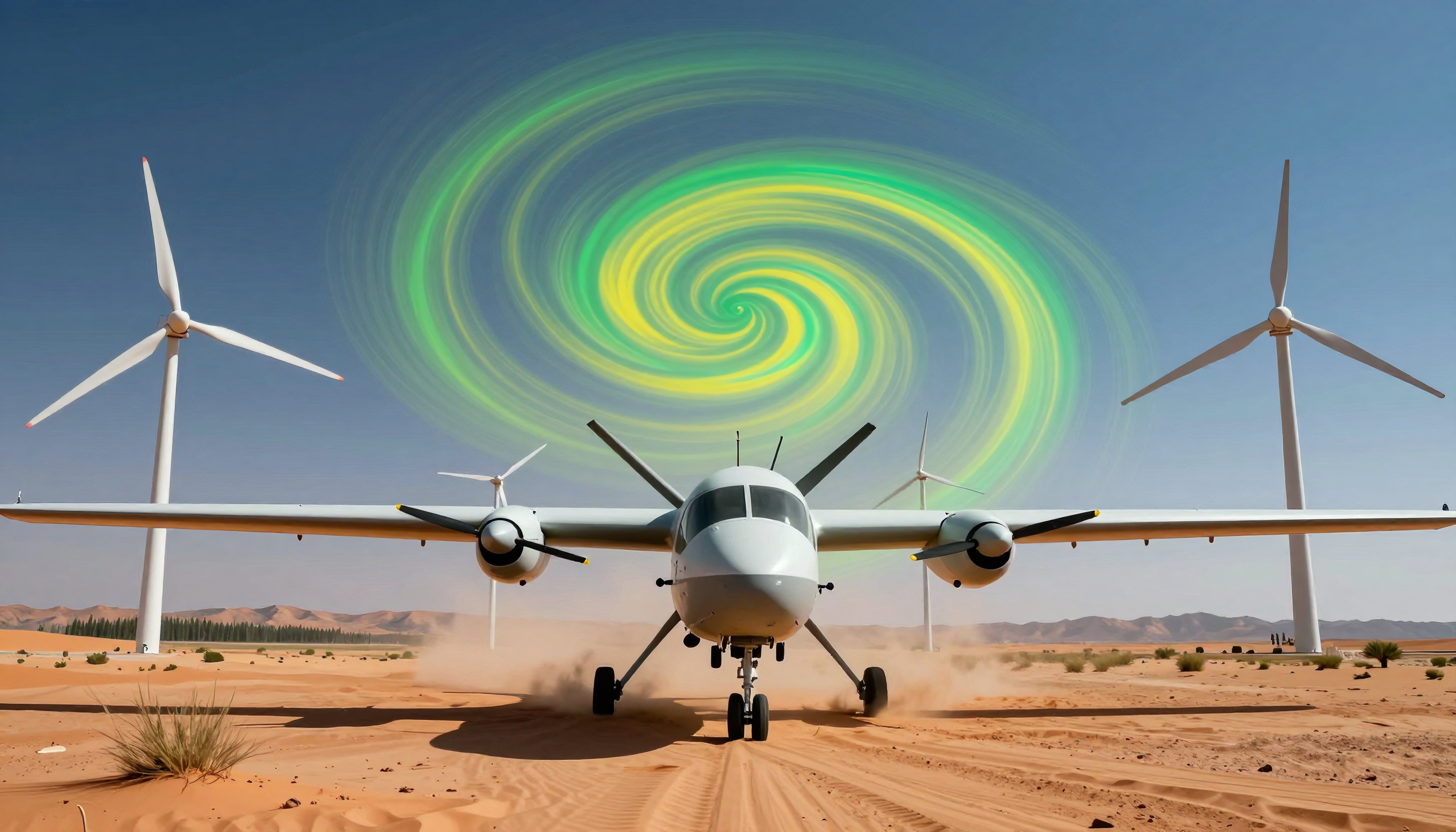 Desert Airfield with Propeller Plane, Wind Turbines, and Swirling Energy Vortex