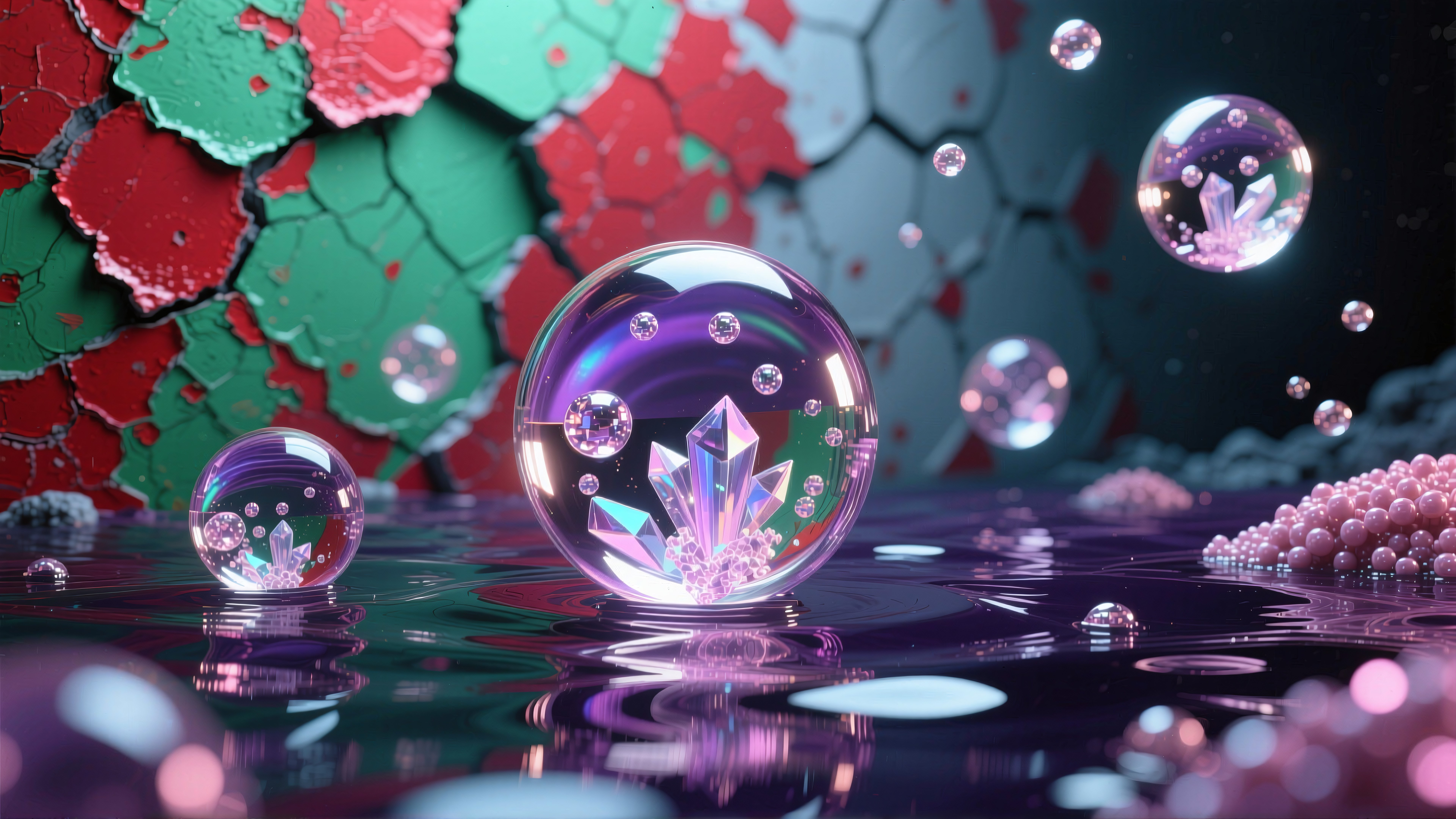Futuristic Crystal Bubbles with Glowing Crystals on Reflective Surface