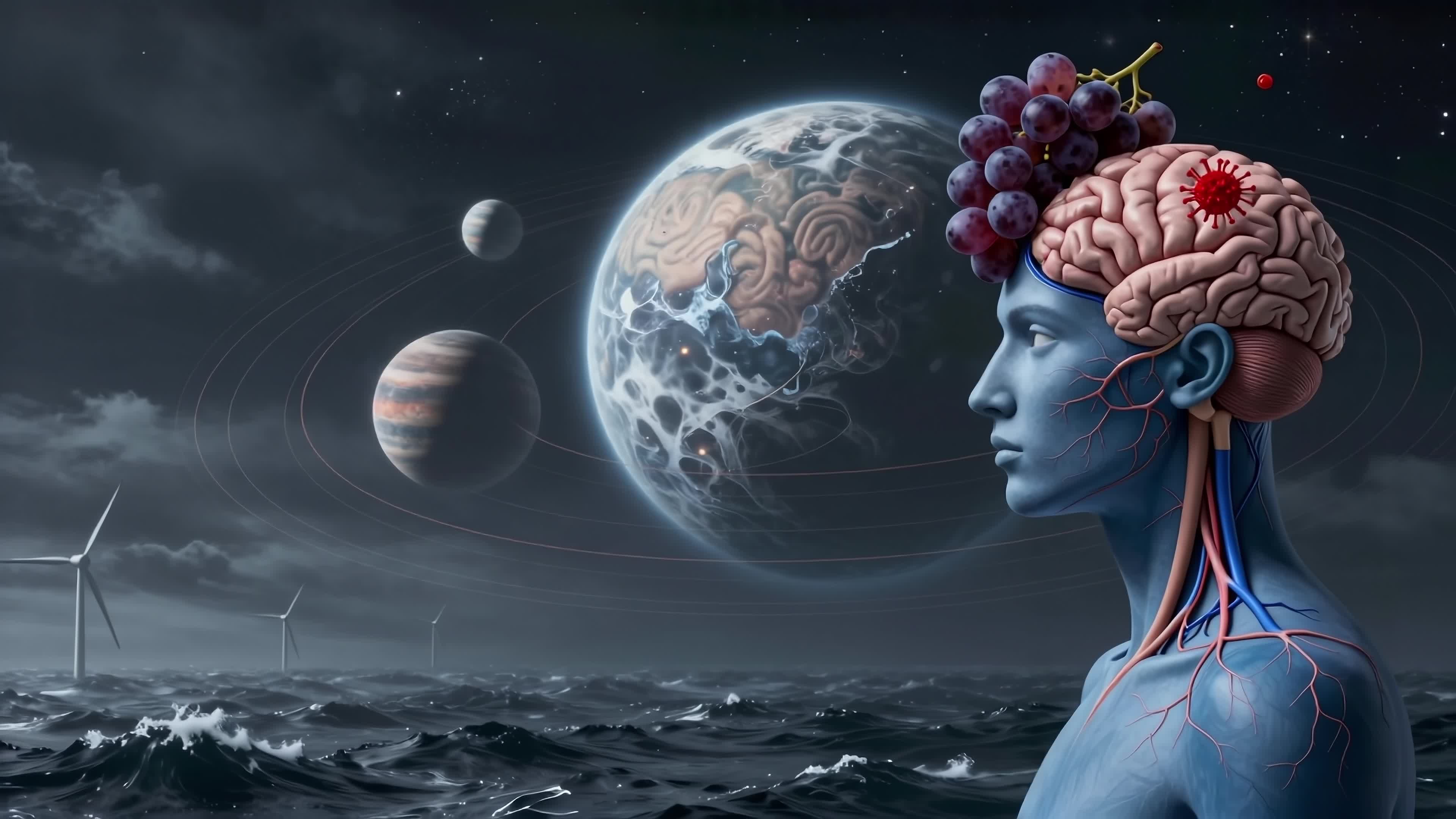 4K video blue-skinned cosmic being with exposed brain and grapes on head standing before stormy oceans beneath floating planets and wind turbines — surreal fusion of neuroscience, astronomy, and ecological symbolism