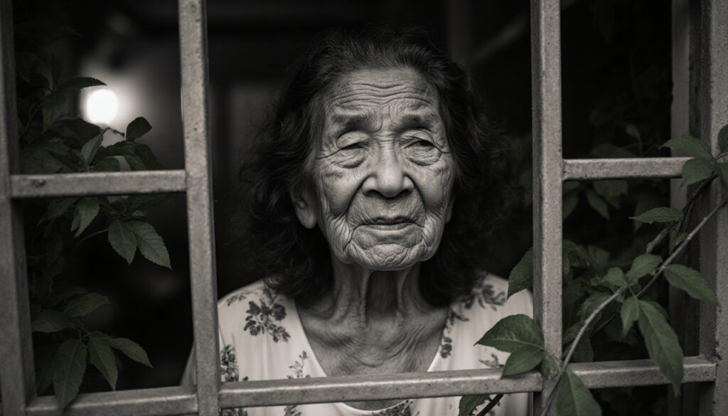 Elderly Woman Peering Through Metal Window Grille with Floral Top and Foliage