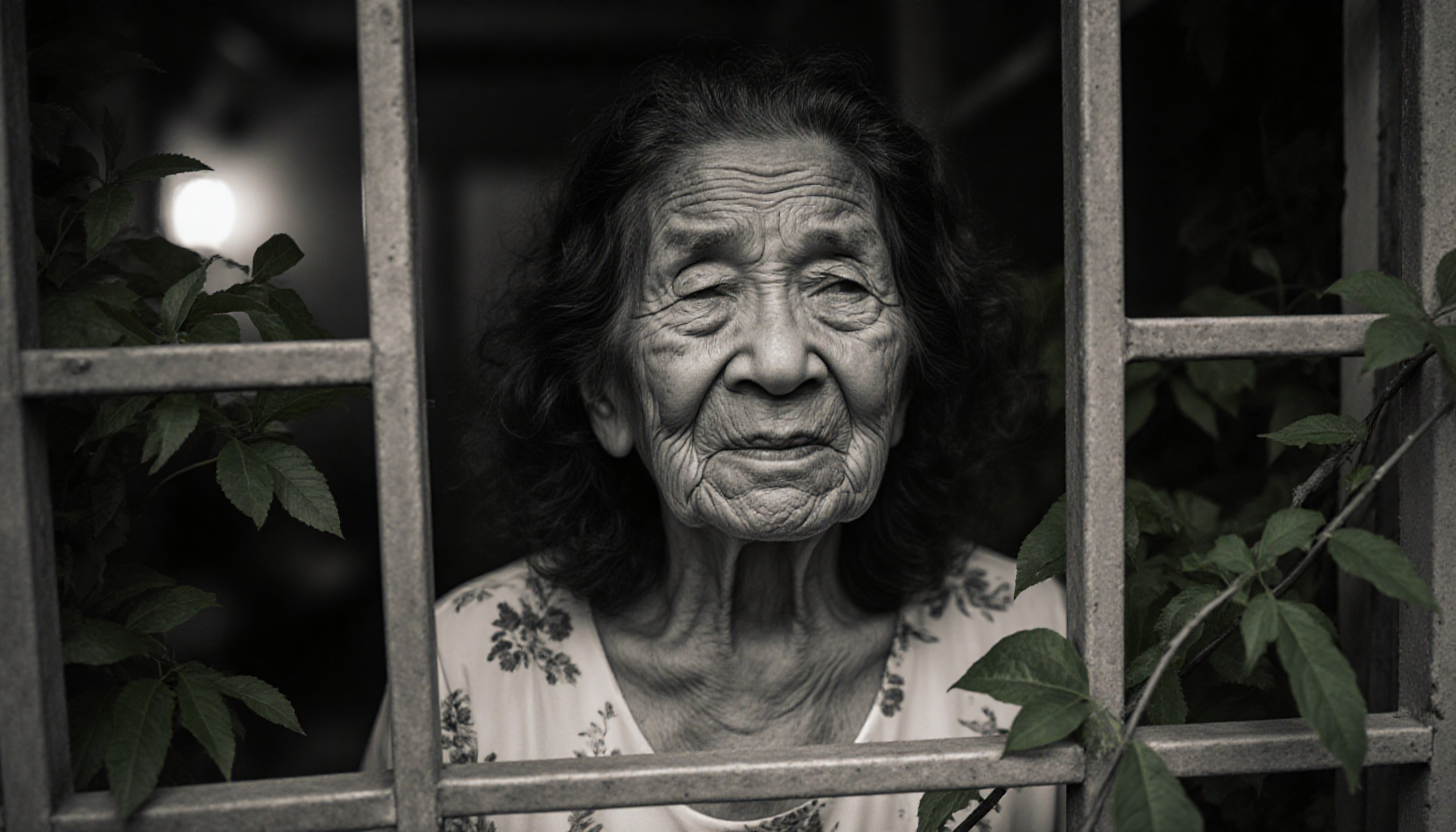 Elderly Woman Peering Through Metal Window Grille with Floral Top and Foliage