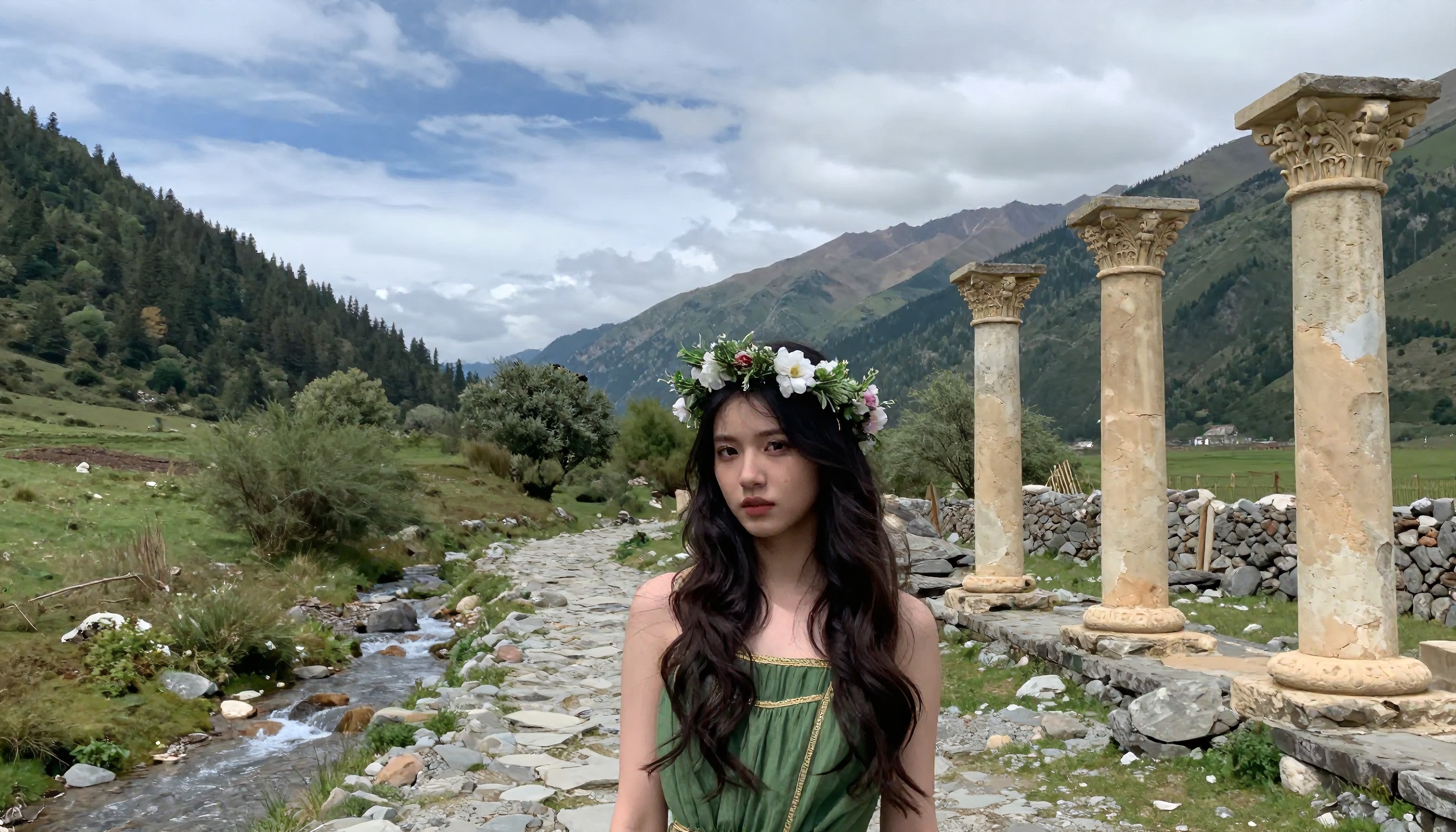 Elegant Woman with Flower Crown Amidst Ancient Columns in Mountainous Landscape