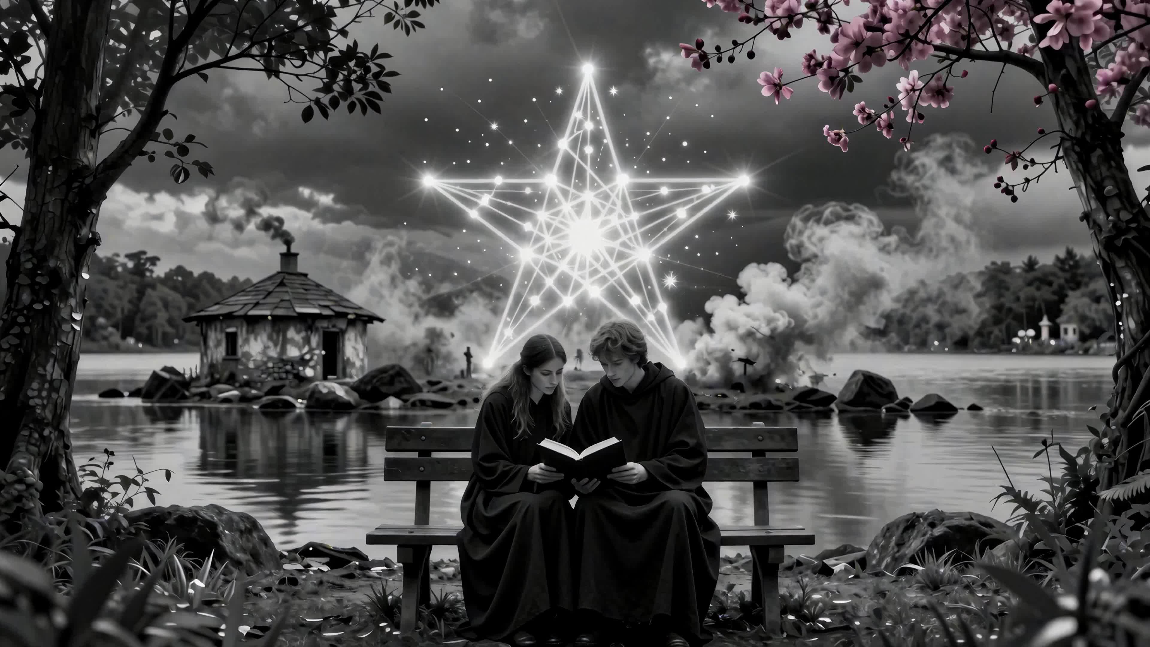 4K video - two robed scholars read scripture beside a glowing star in a magical forest clearing overlooking a reflective lake where old cabins burn softly amidst blooming sakura branches — evoking themes of ancient secrets, astral alignment, and timeless serenity.