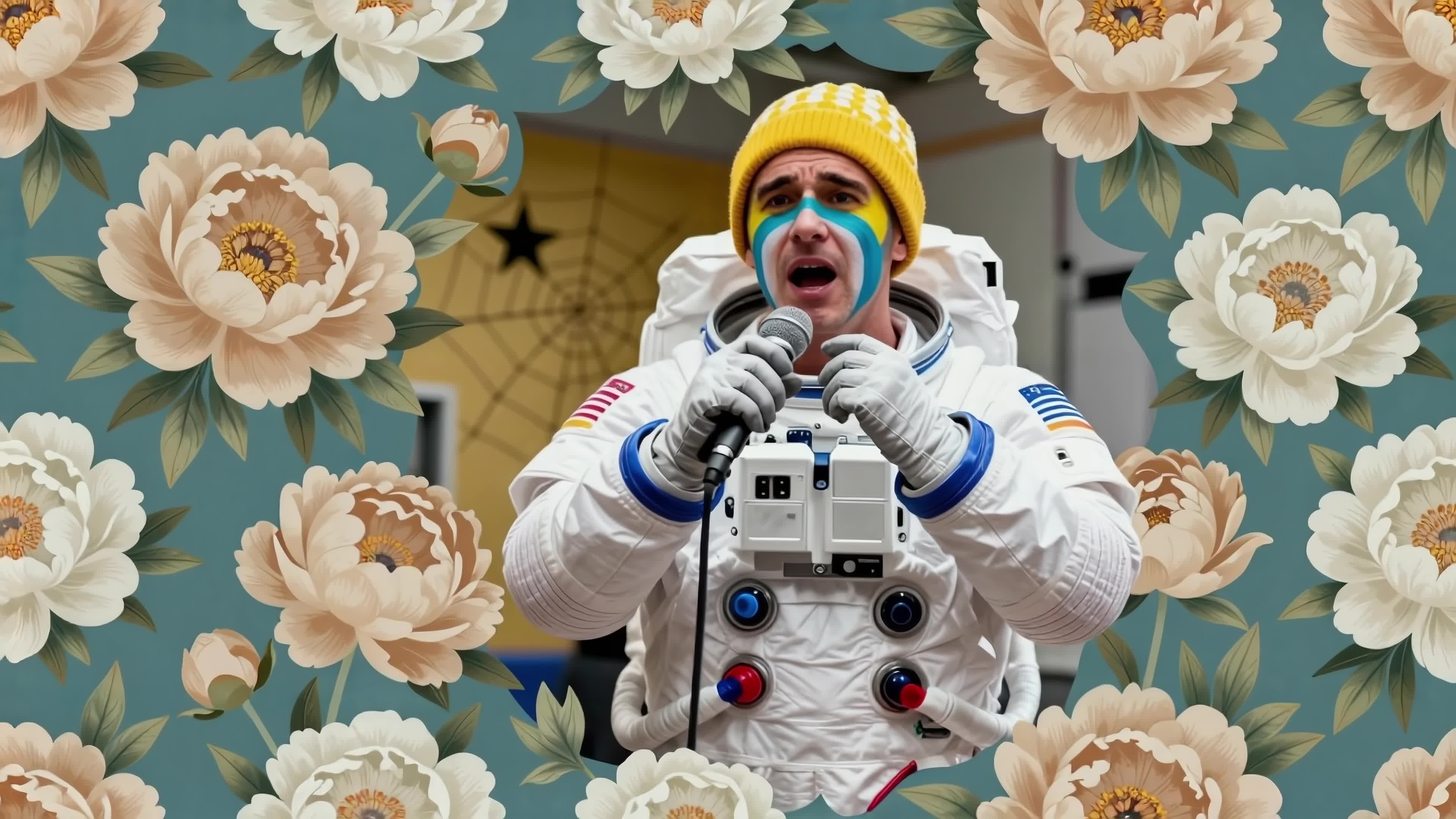 Astronaut performing under floral canopy amidst vibrant peonies and celestial vibes - 4K video.