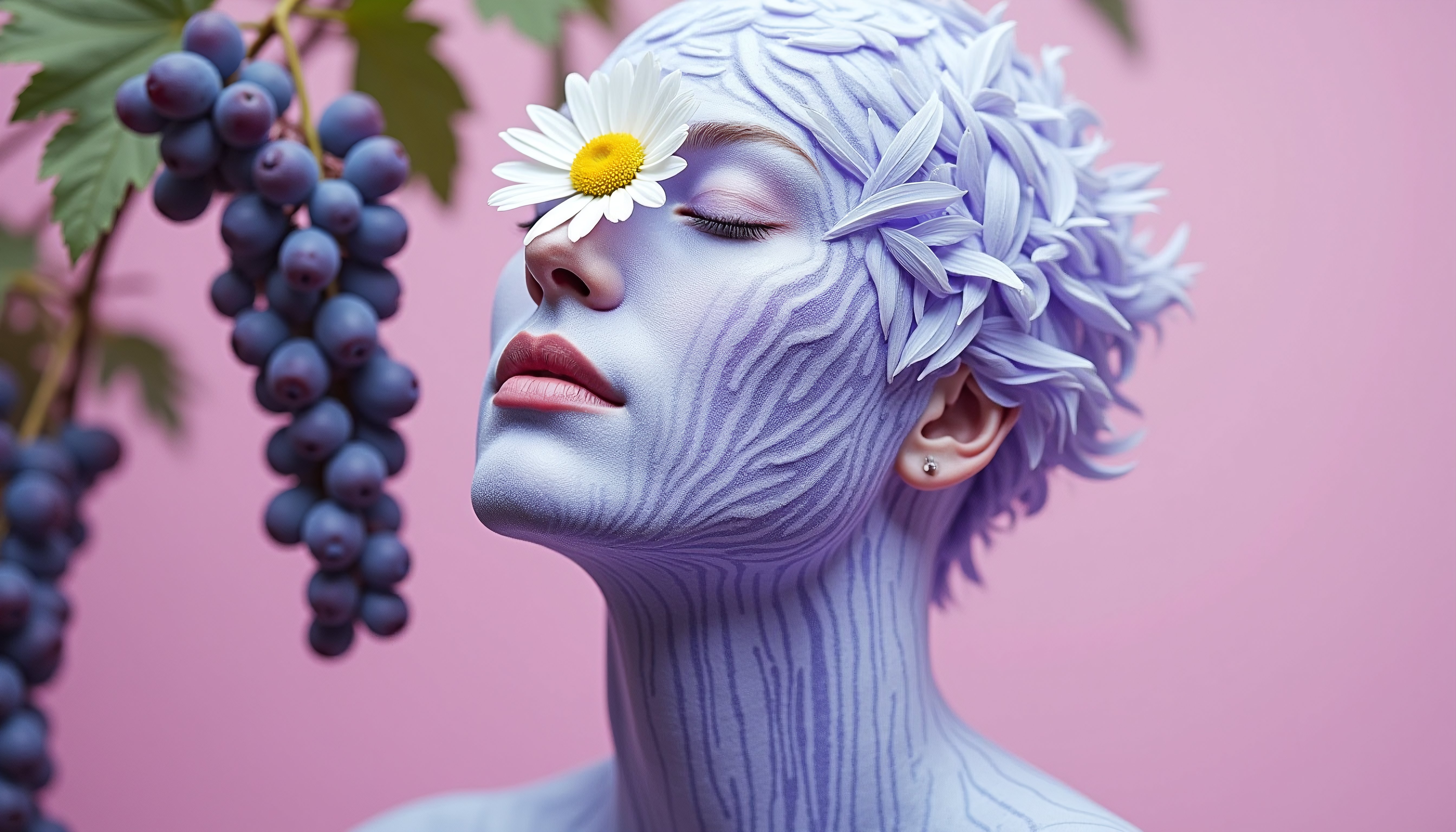 Artistic Portrait with Blue Face Paint, Daisy Flower, and Grape Cluster