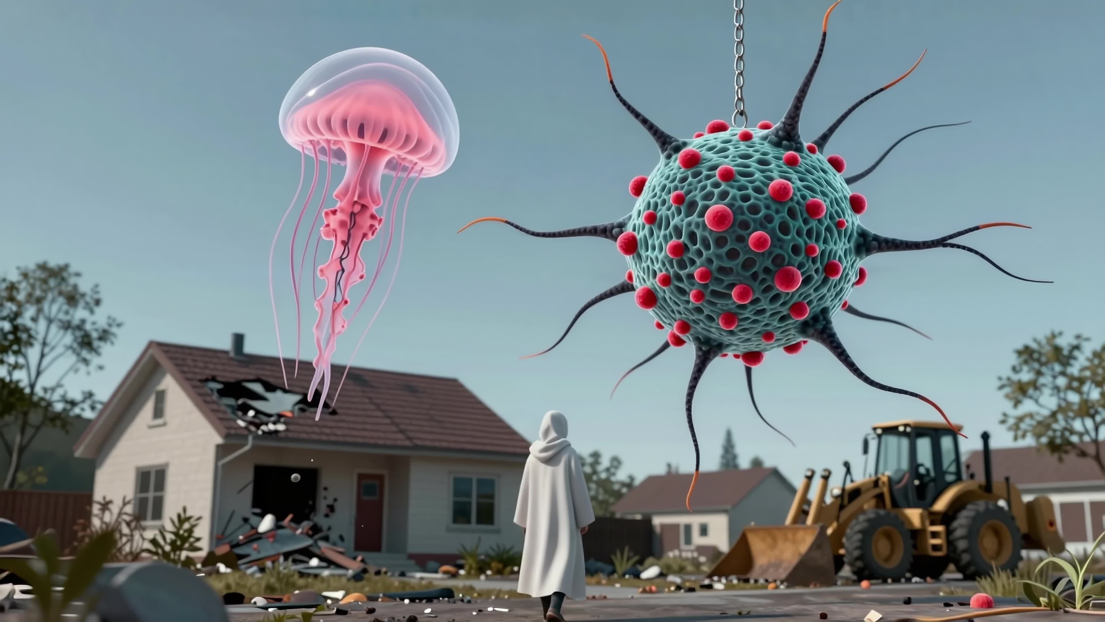 4K video of a surreal suburban nightmare featuring giant jellyfish and virus battling amidst destroyed homes and heavy equipment.