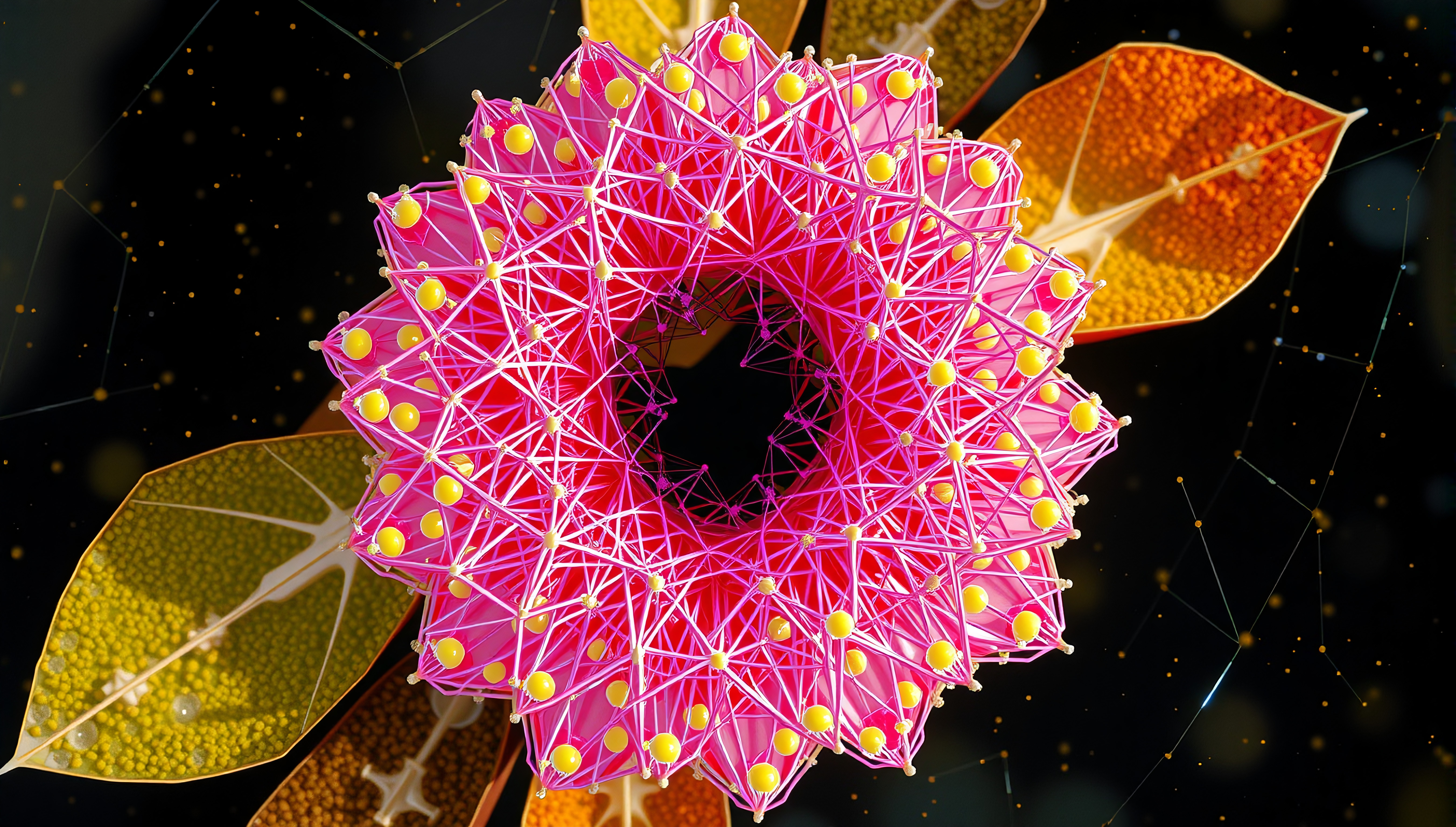 Intricate Scientific Structure of a Hyperbolic Honeycomb Against Autumn Leaves