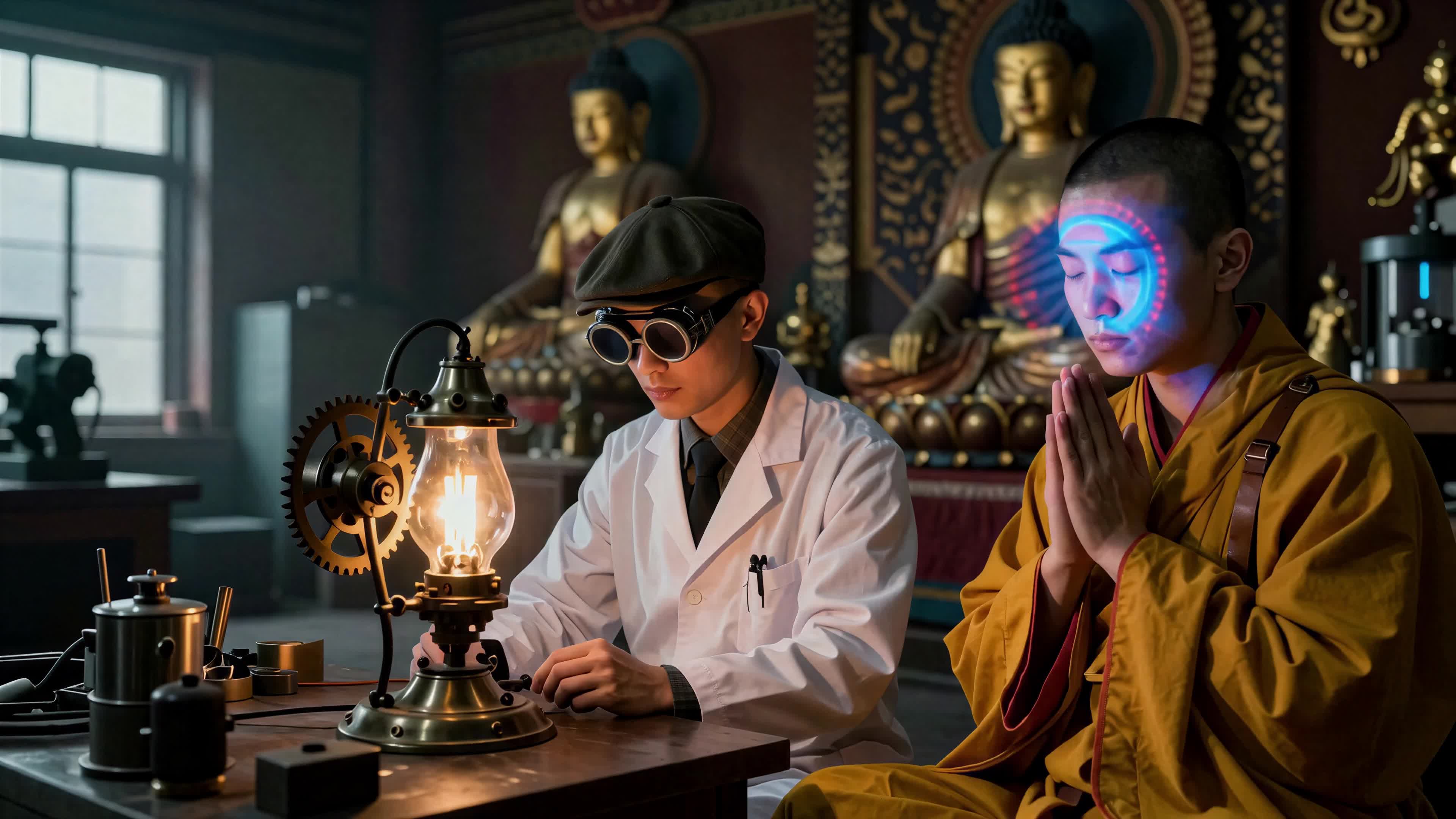 Monk scientist collaboration in temple lab with gears, Buddha statues, glowing tech elements - 4K video.