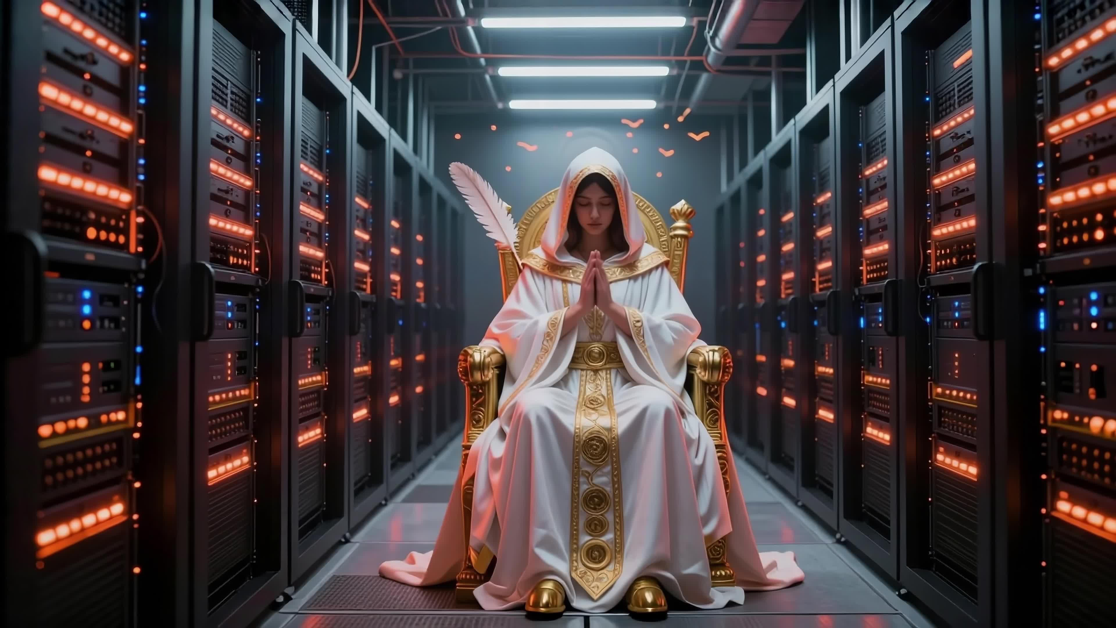 4K video of an angelic goddess seated on throne amidst glowing server racks in high-tech data center temple
