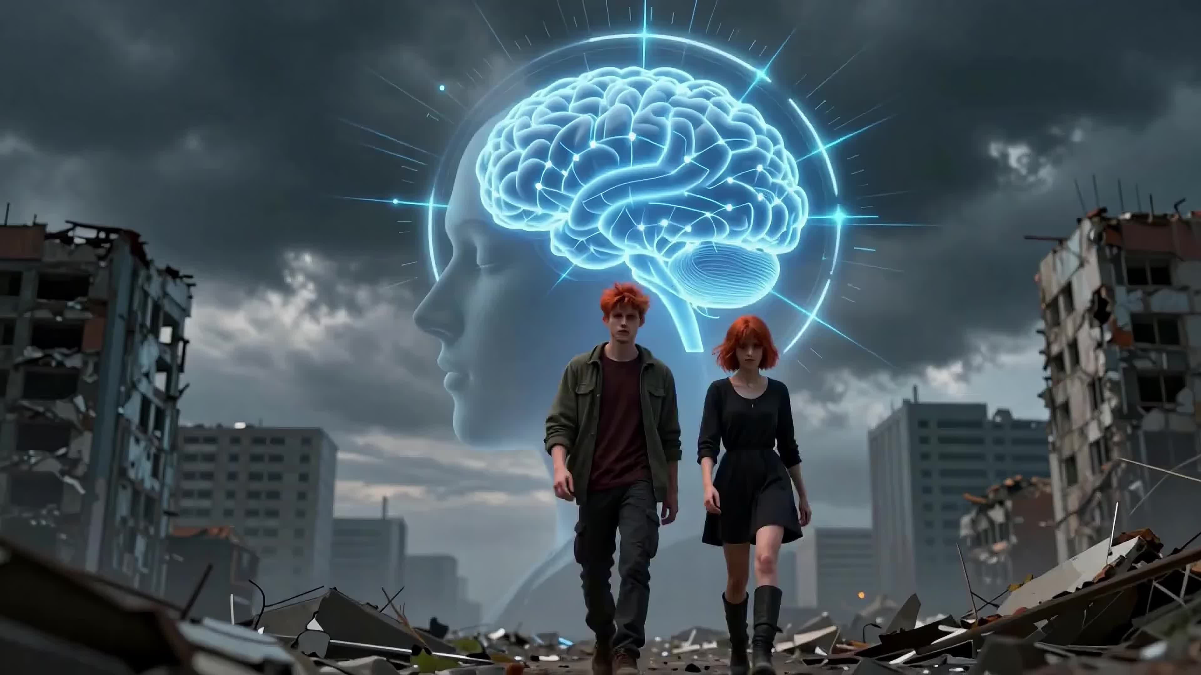 Two people walking amidst ruined buildings beneath a glowing blue brain surrounded by lightning and dark clouds — sci-fi dystopian concept art 4K video.