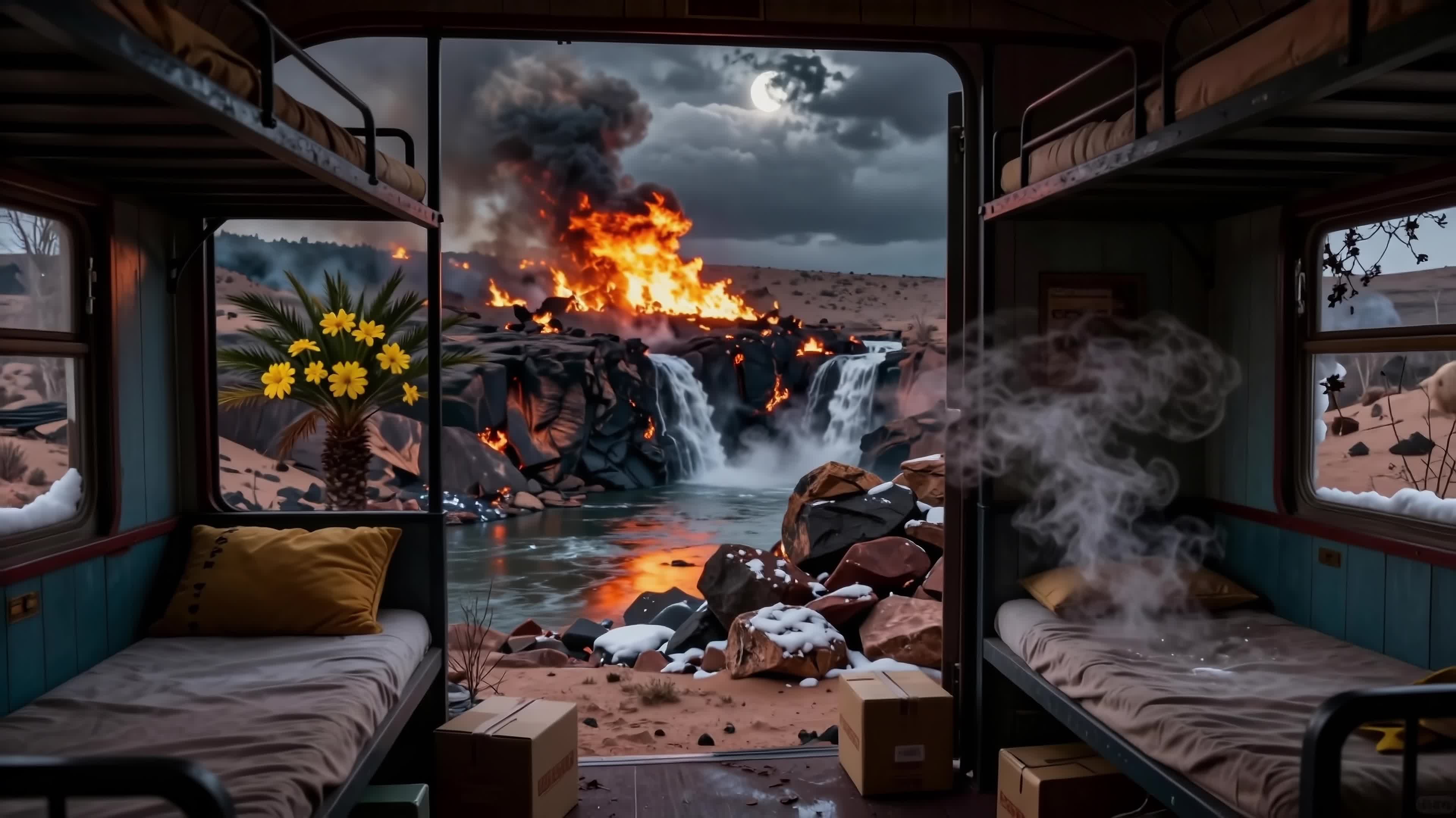 Surreal interior view of a train cabin overlooking a snowy volcanic eruption with falling flames and a moonlit sky - 4K video.