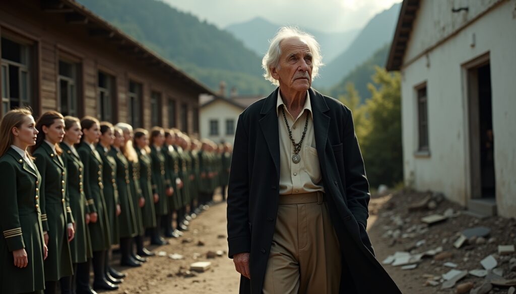 Elderly Man Standing Before Line of Uniformed Women in Mountain Village