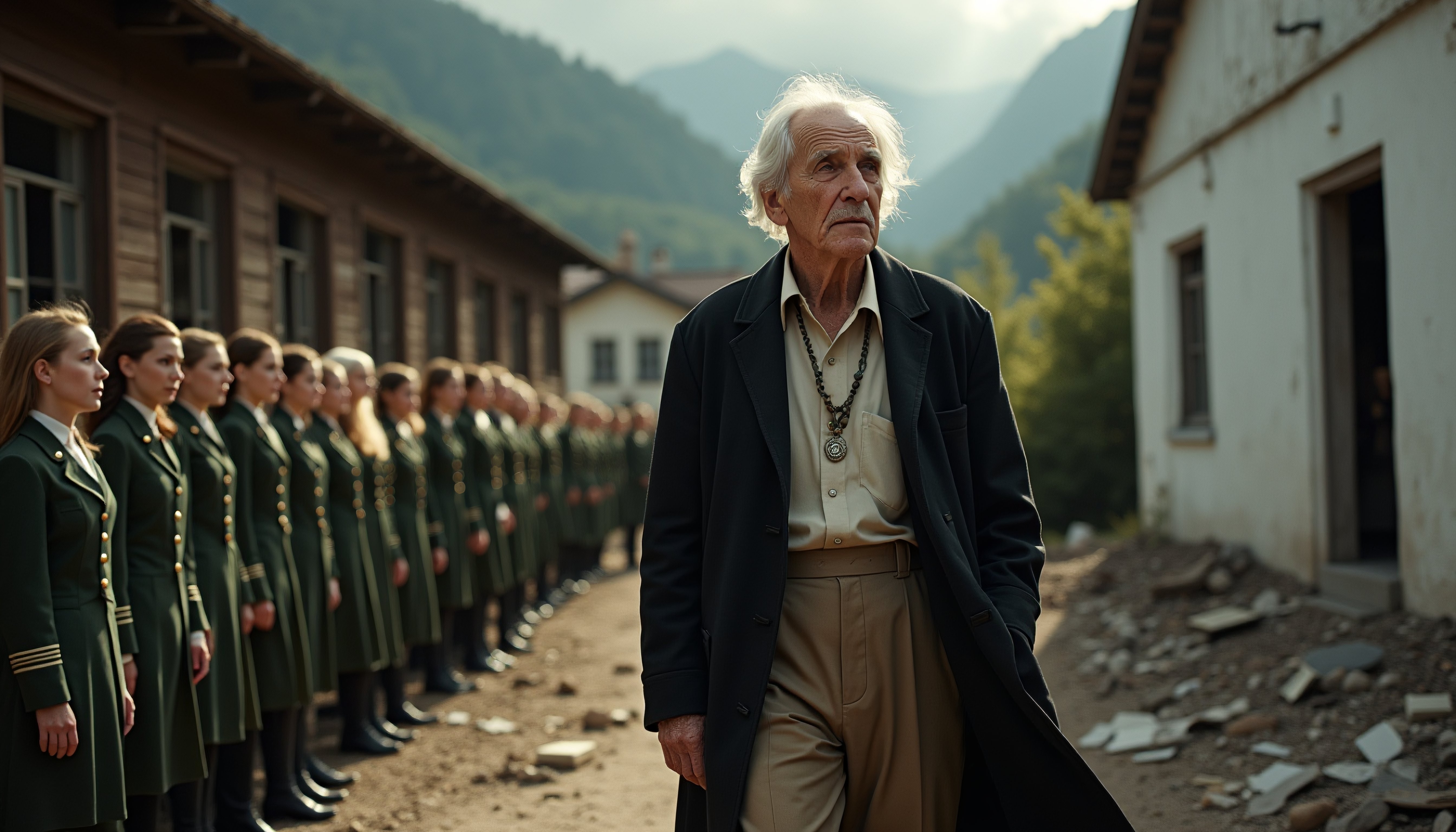 Elderly Man Standing Before Line of Uniformed Women in Mountain Village