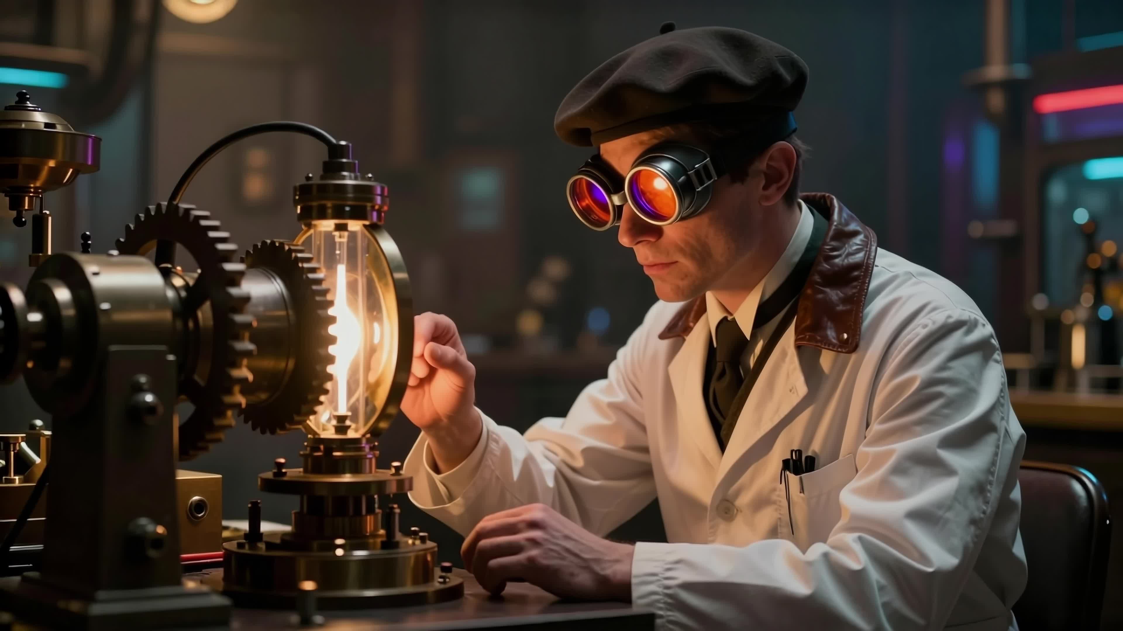 Mad Scientist adjusts glowing steampunk machine in mystical workshop wearing goggles and beret - 4K video.