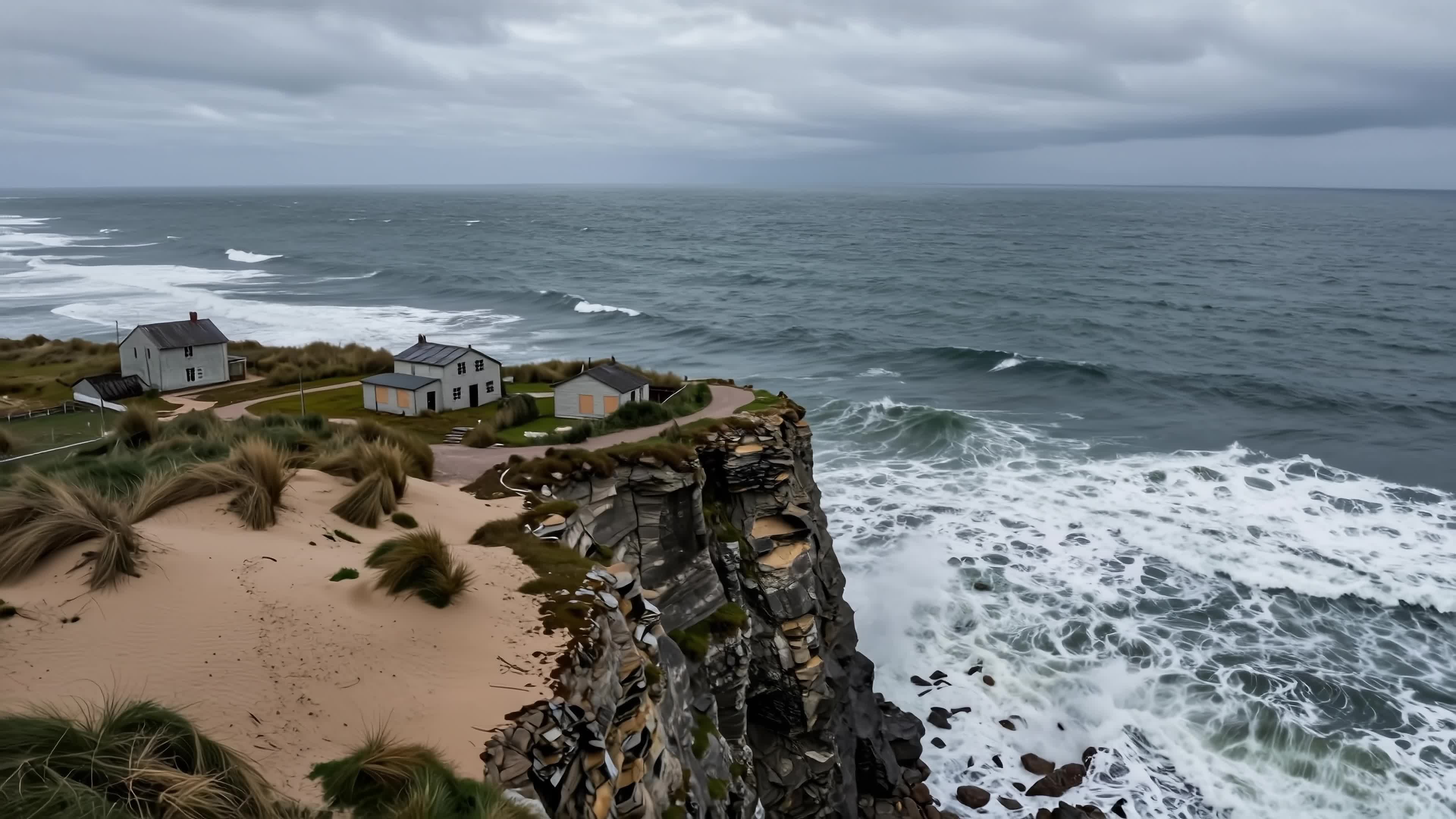 4K video of a coastal cliffside village with crashing waves and dramatic northern seascape under cloudy skies.