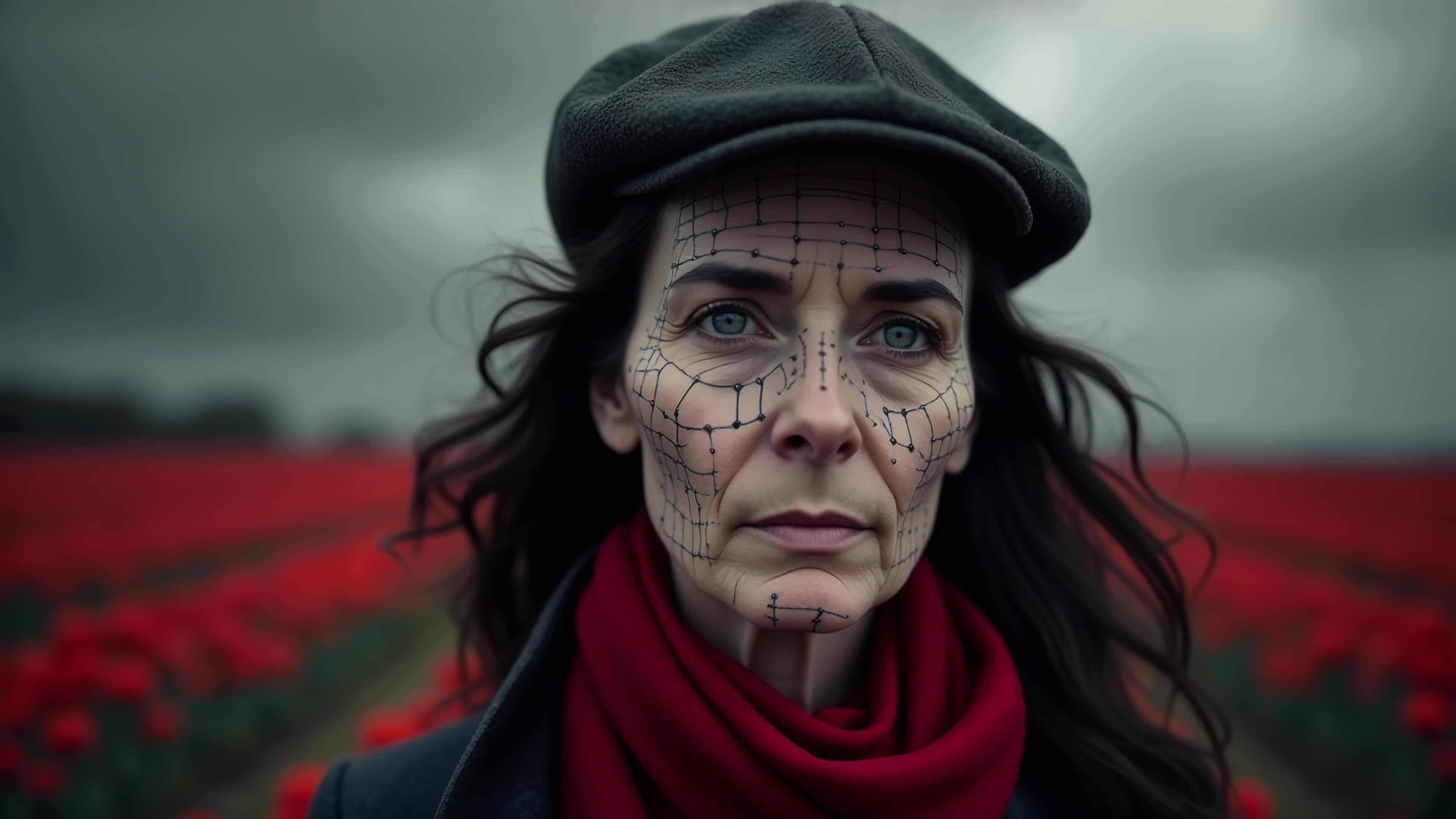 Woman with cracked facial grid standing amid red poppy field under dark storm clouds wearing red scarf - 4K video.