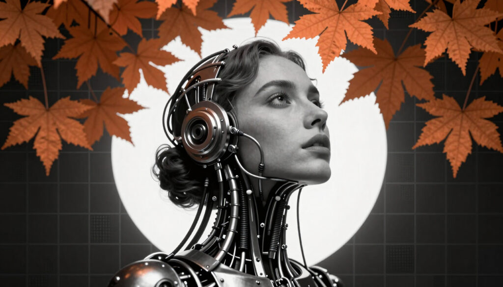 Portrait of Woman with Cyborg Head, Surrounded by Autumn Maple Leaves