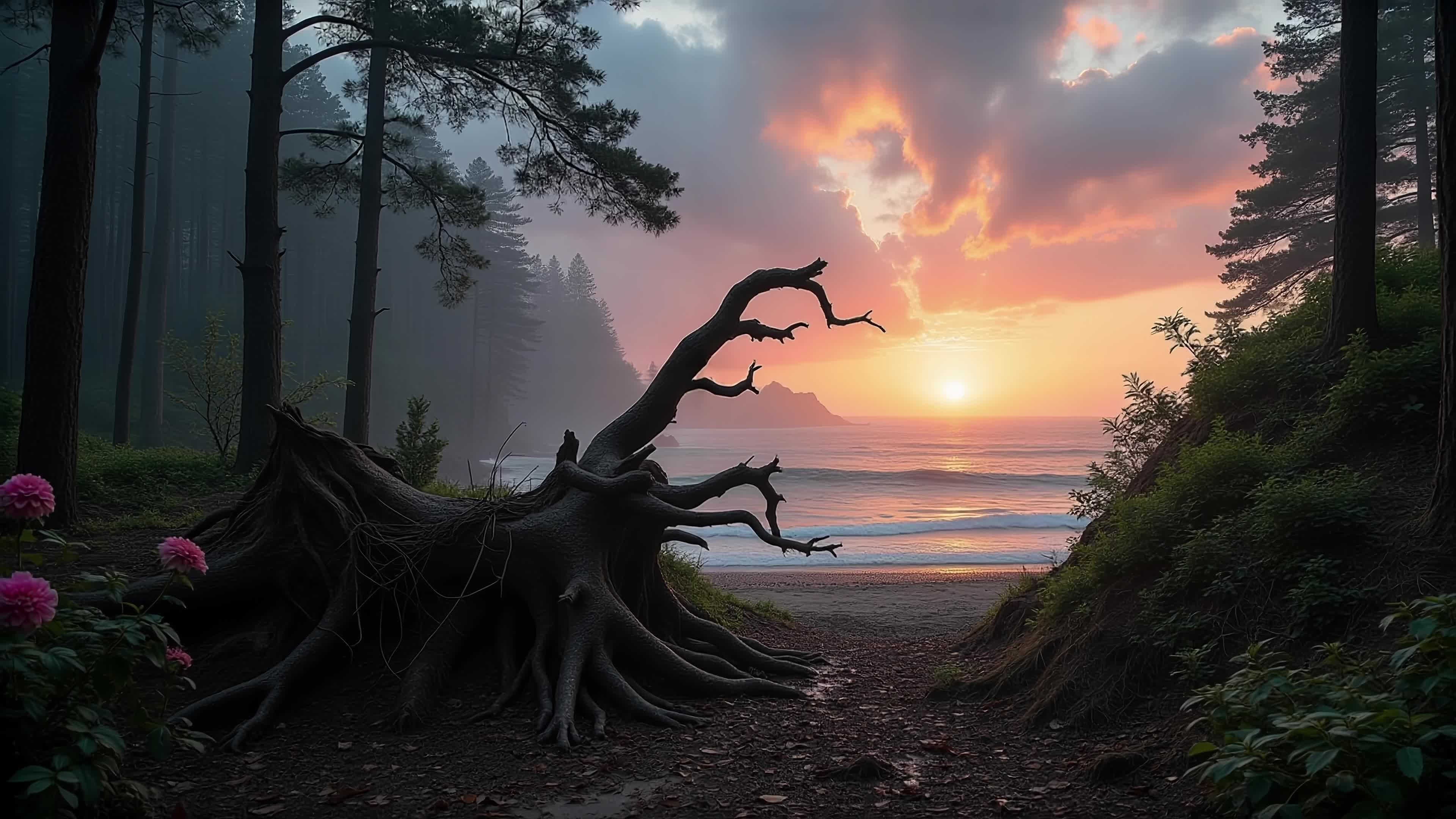 4K video ancient tree roots frame mystical seaside sunrise through dense forest and crashing waves.