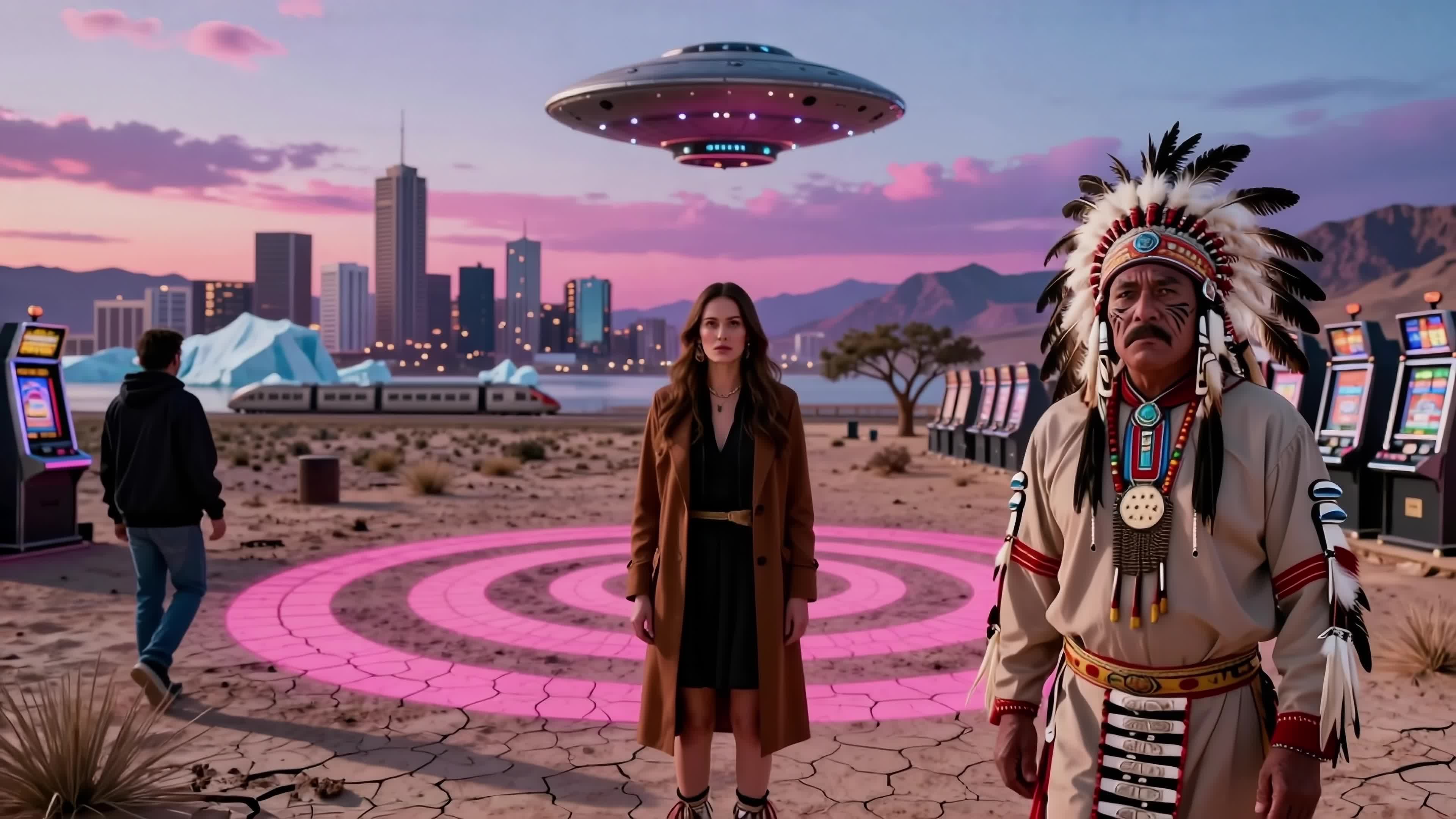 Chief and woman stand amidst glowing desert casinos beneath alien ship during surreal sunset dusk - 4K video.