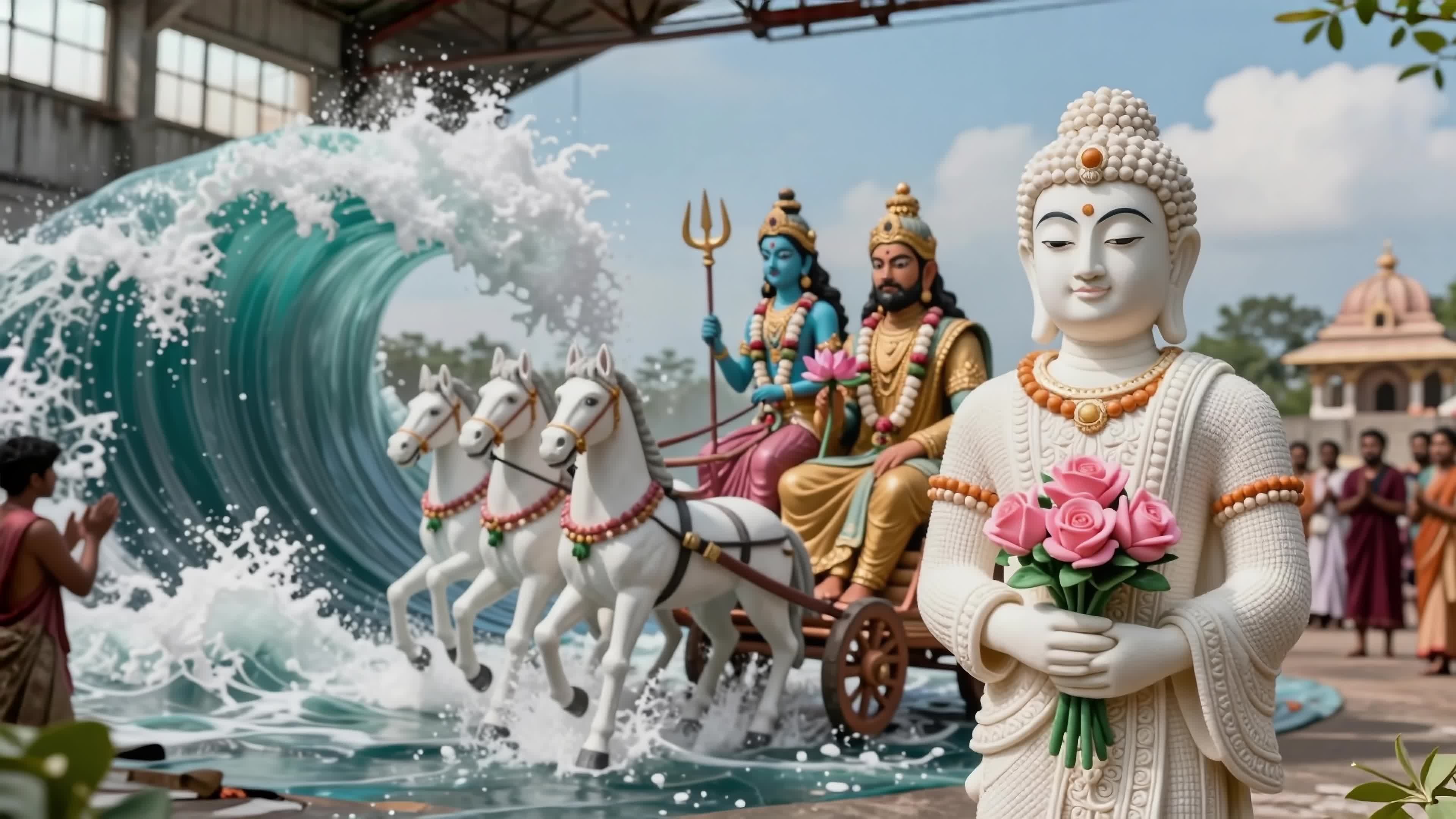 Sacred statue surrounded by roaring waves during spiritual ceremony with devotees watching - 4K video.