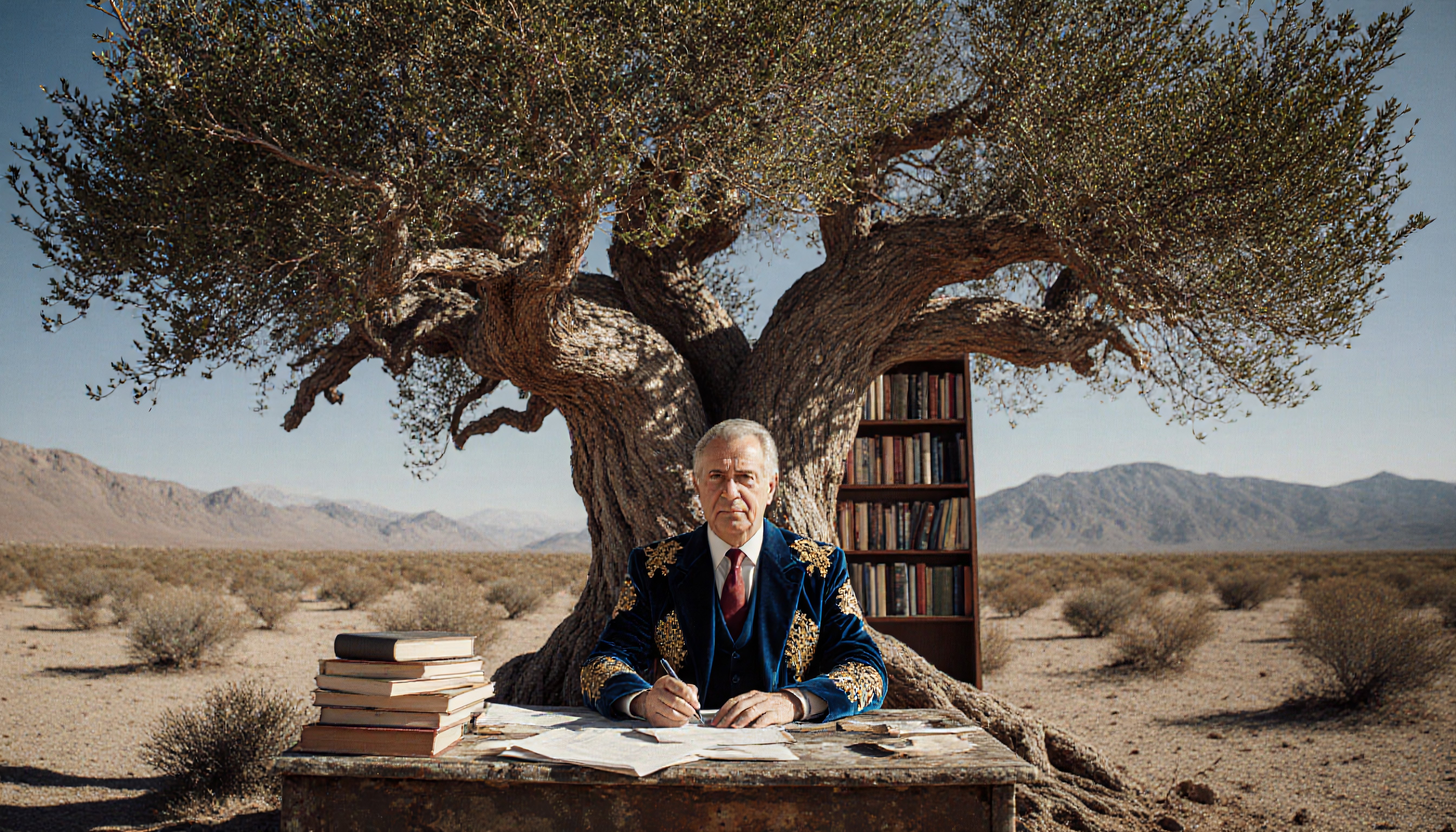 Scholar at Desk Under Ancient Tree in Desert