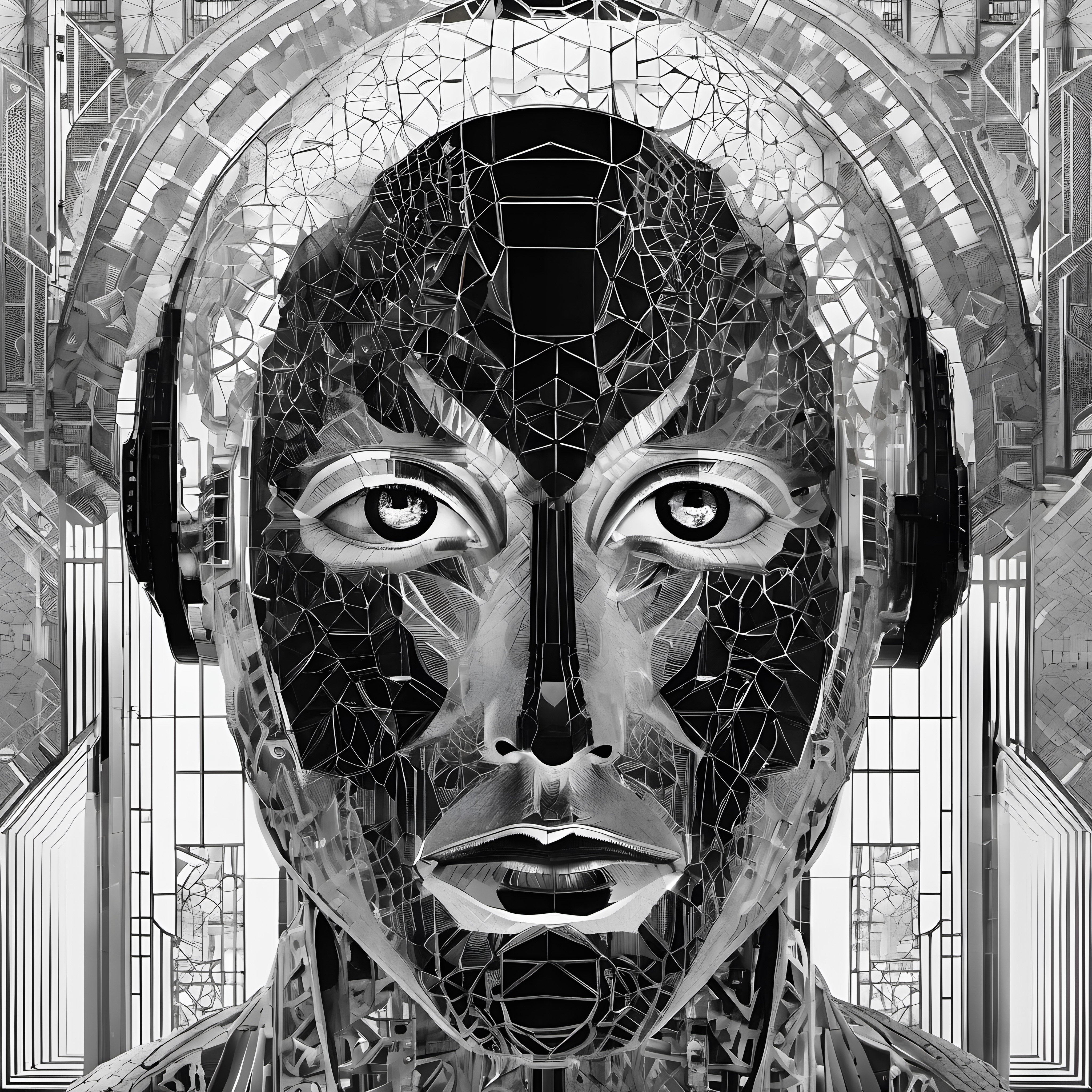 Geometric Futuristic Humanoid Face with Shattered Glass Effect