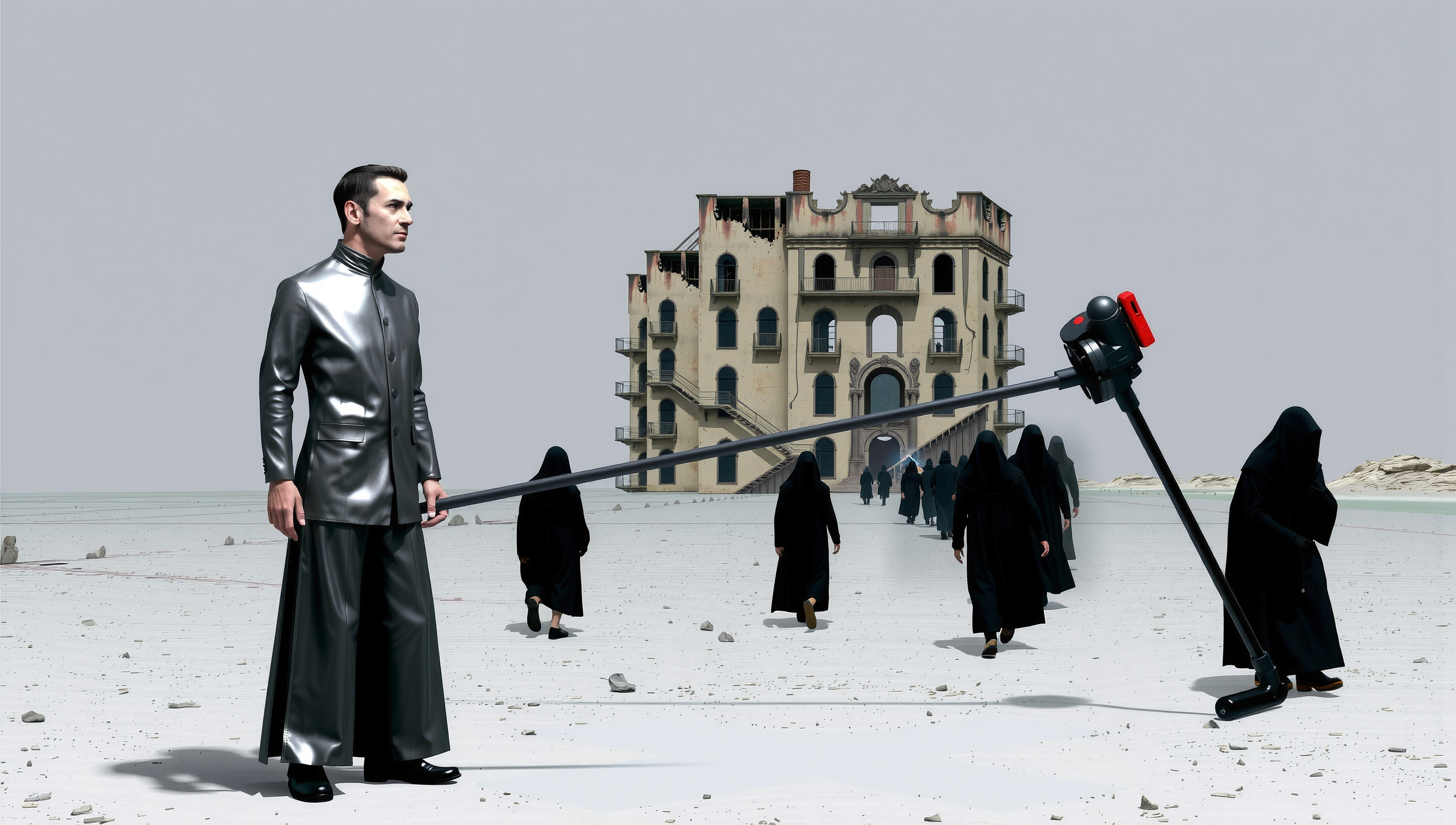 Dystopian Sci-Fi Scene: Camera Operator with Hooded Figures Near Abandoned Building