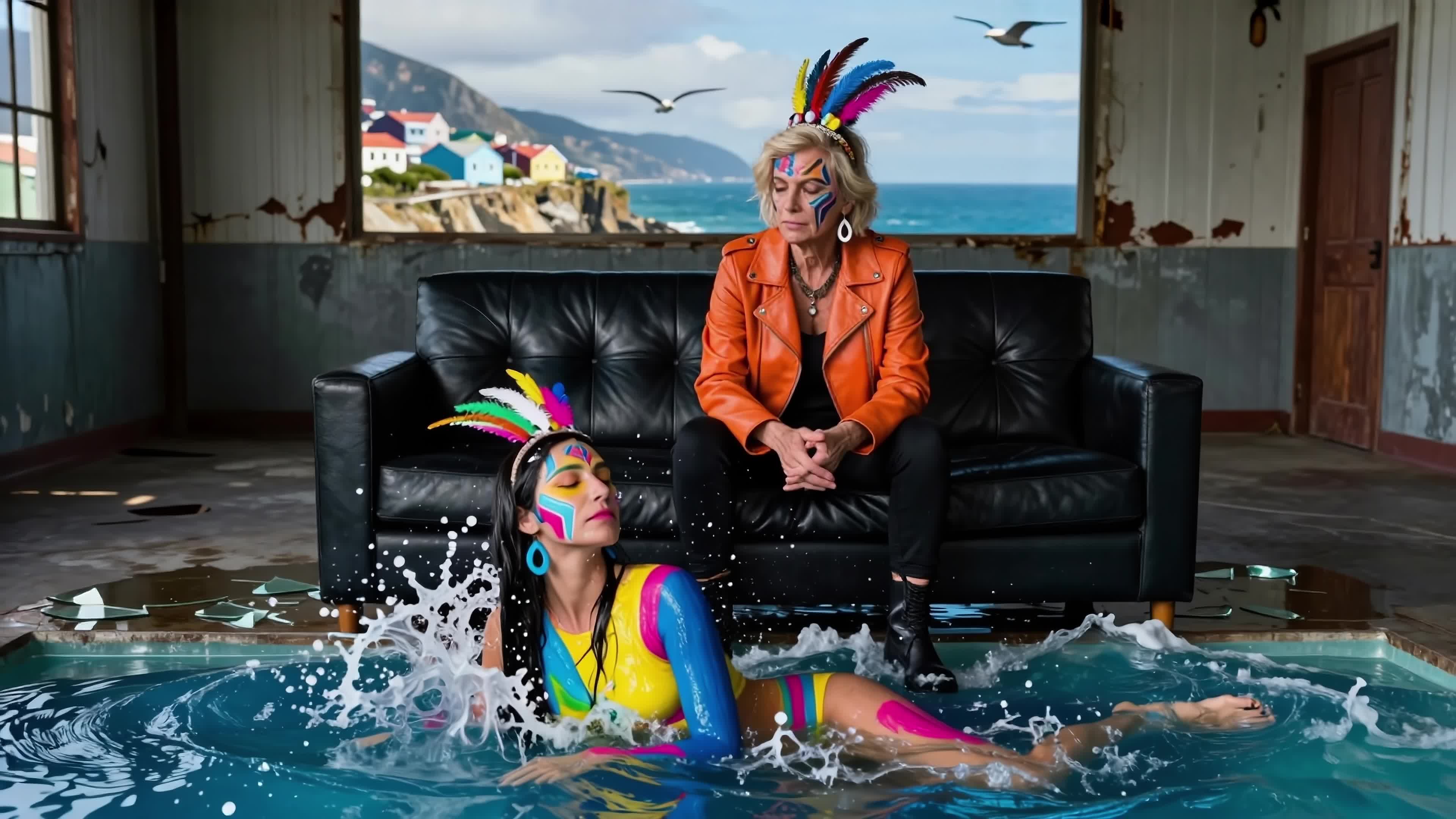 Two stylishly painted women posing dramatically inside a rusty building beside a fake pool overlooking a colorful seaside town - 4K video.