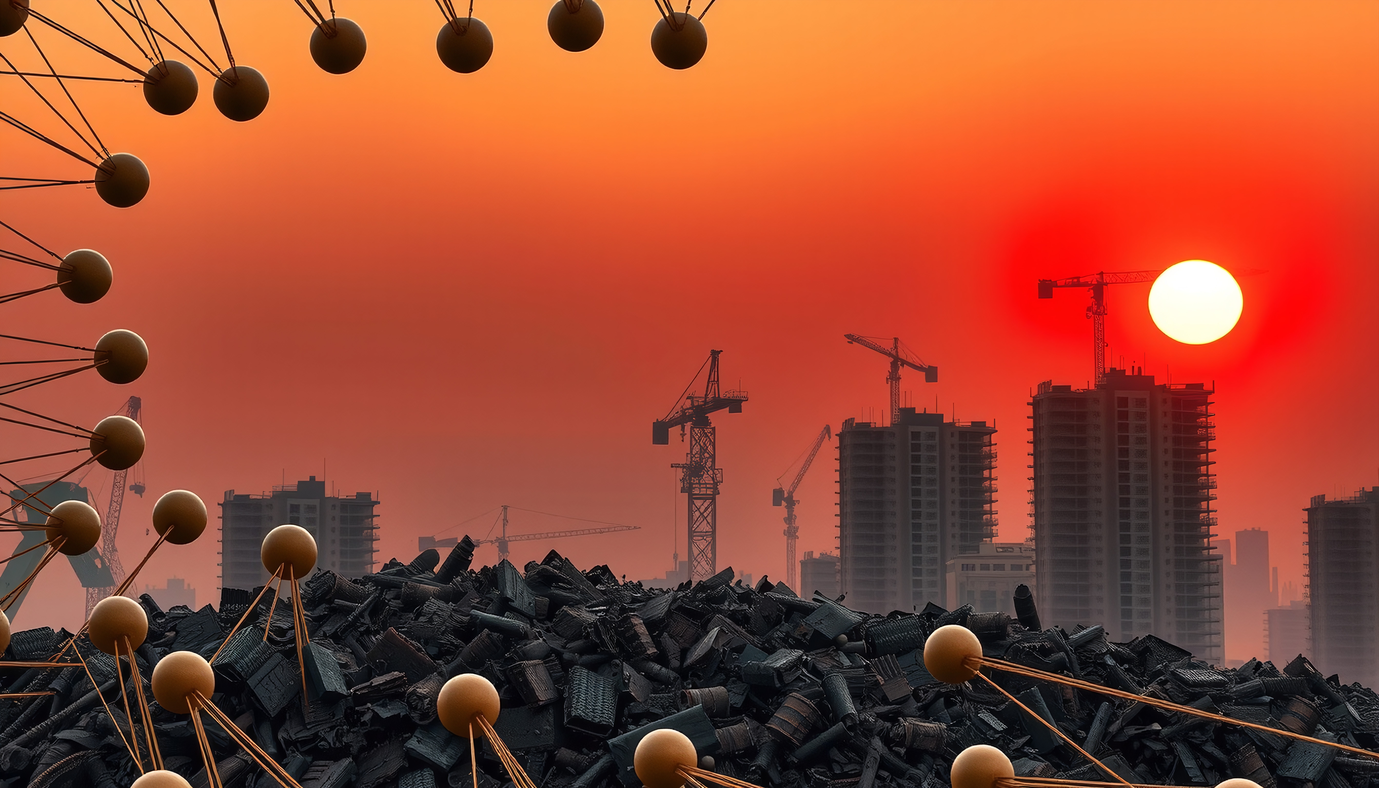 Urban Construction Site with Debris Pile and Sunset Sky