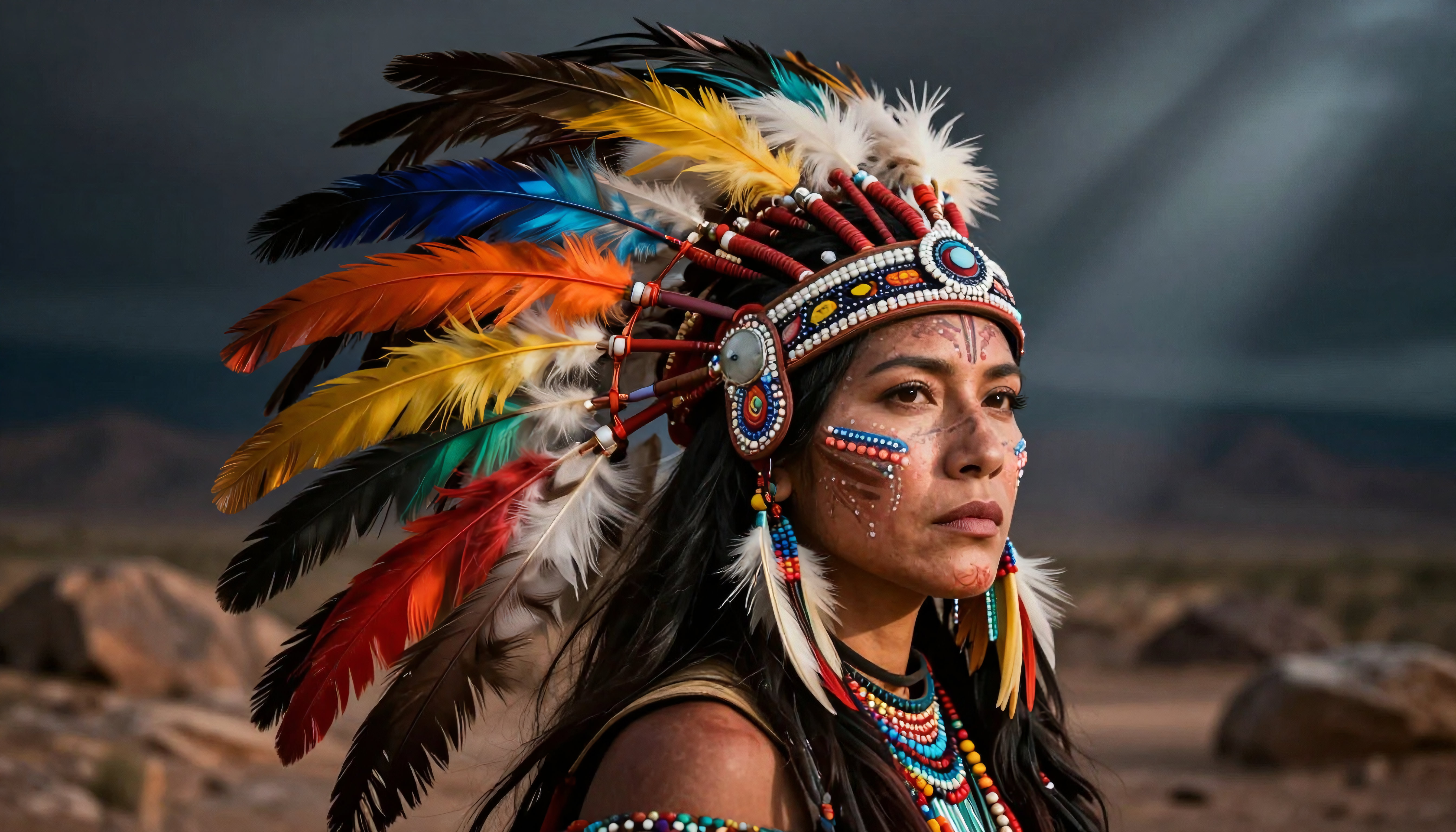 Native American Woman in Traditional Headdress and Desert Landscape
