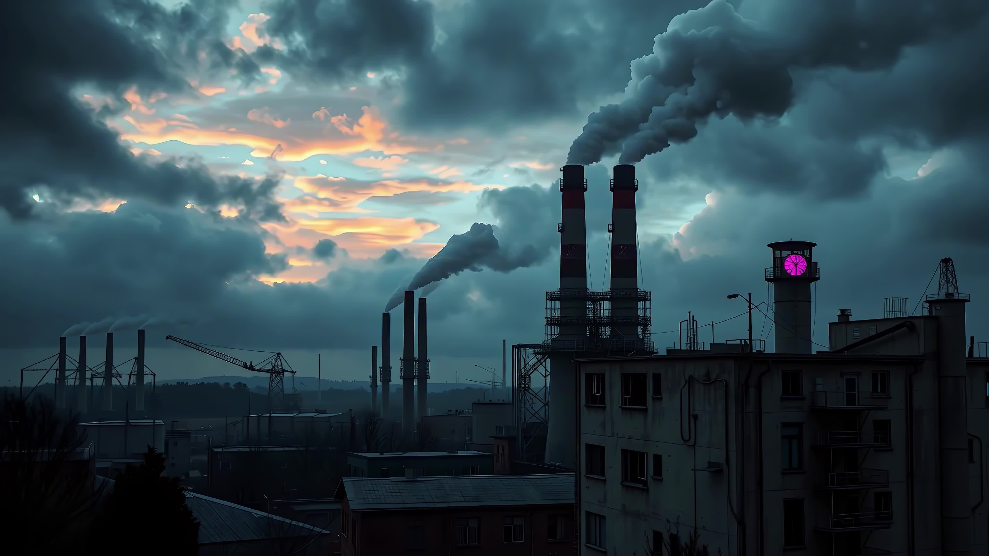 Dystopian industrial complex glowing beneath twilight skies with smoking chimneys and eerie pink-lit clocktower - 4K video.
