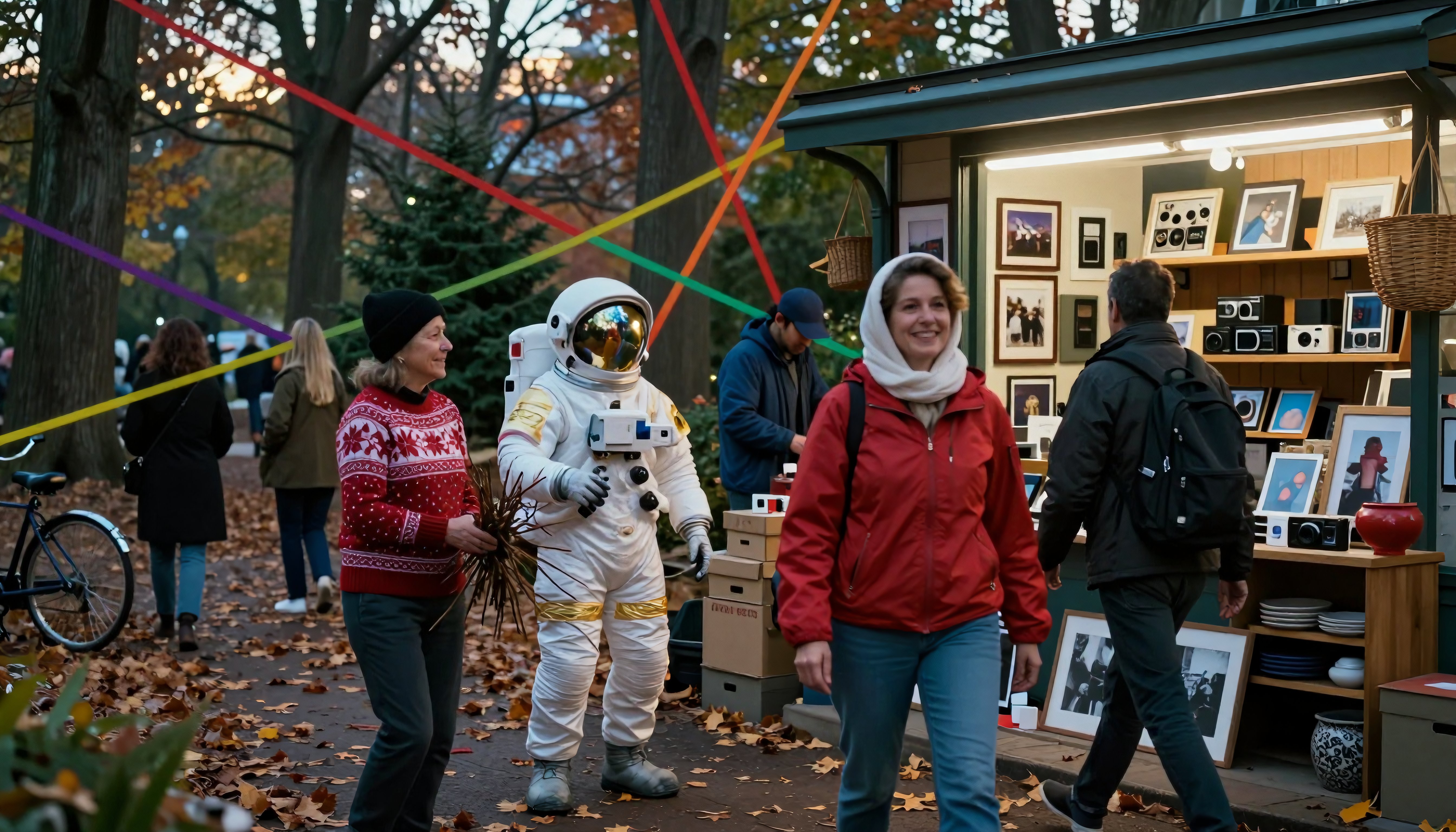 Astronaut in Autumn Park Art Market with Colorful Streamers