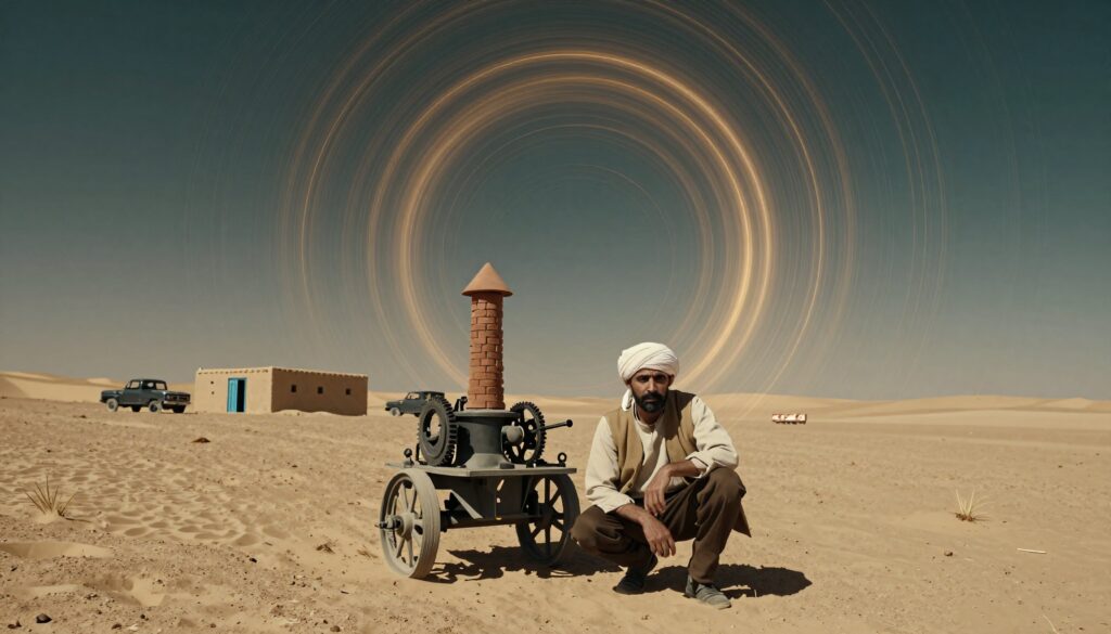 Desert Scene with Mechanical Device and Circular Light Trails